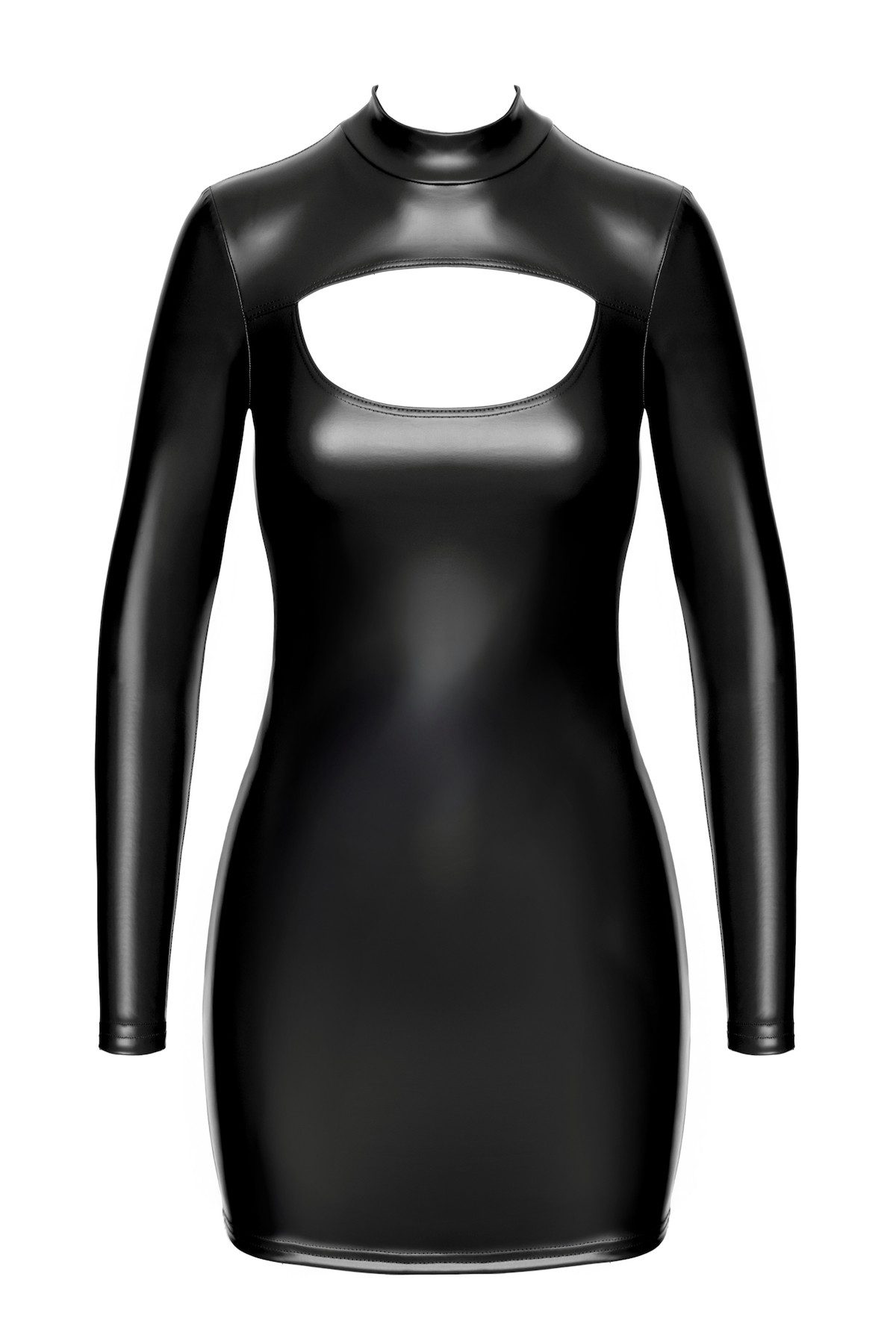 Noir Handmade Minikleid Damen Wetlook Kleid schwarz mit langen Ärmeln und Ausschnitt skinny of