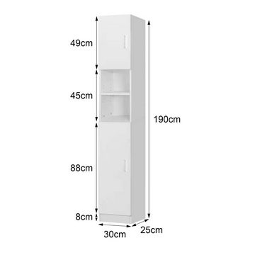 ML-DESIGN Badezimmerspiegelschrank Hochschrank Badschrank Badregal Aufbewahrungsschrank Badmöbel Weiß 30x190x25cm mit 6 Fächern 2 Türen viel Stauraum MDF schmal