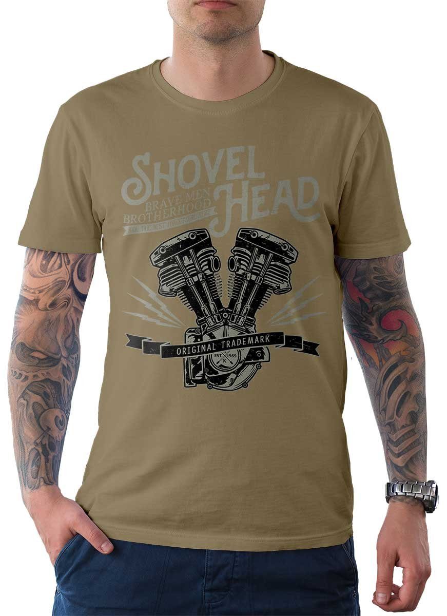 Khaki Motiv Motorrad Shovel Biker T-Shirt mit T-Shirt / On Wheels Rebel Head Tee Herren