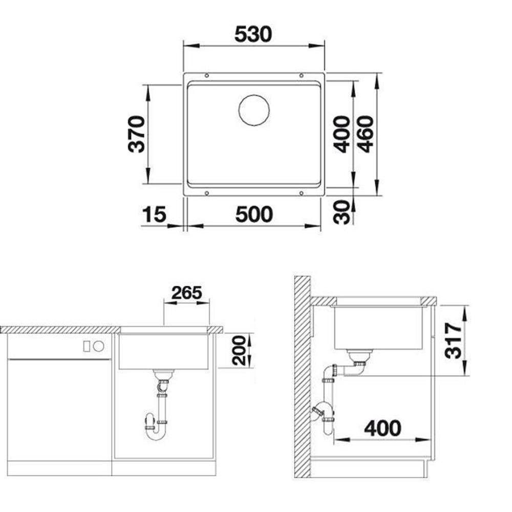 53/46 InFino cm Ablauf, Blanco Silgranit, BLANCO Granitspüle 500-U ETAGON Vulkangrau Unterbaubecken