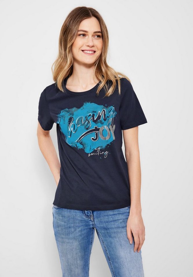 Cecil T-Shirt Cecil Basicshirt mit Frontprint in Deep Blue (1-tlg) Nicht  Vorhanden