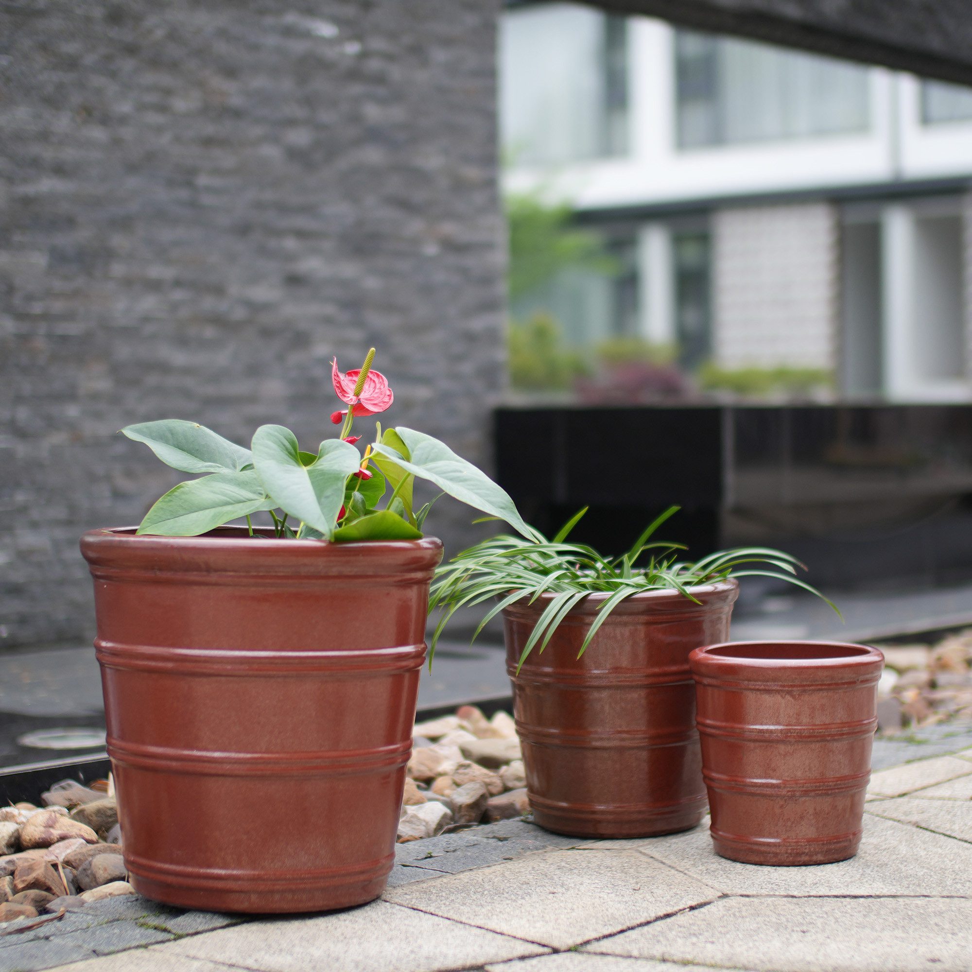 Rolipo Blumentopf Blumentopf aus Keramik Pflanztopf 24 cm mit Rillenstruktur (3 St), 3er Pflanztopf Set handgefertigt frostsicher mit Ablaufloch