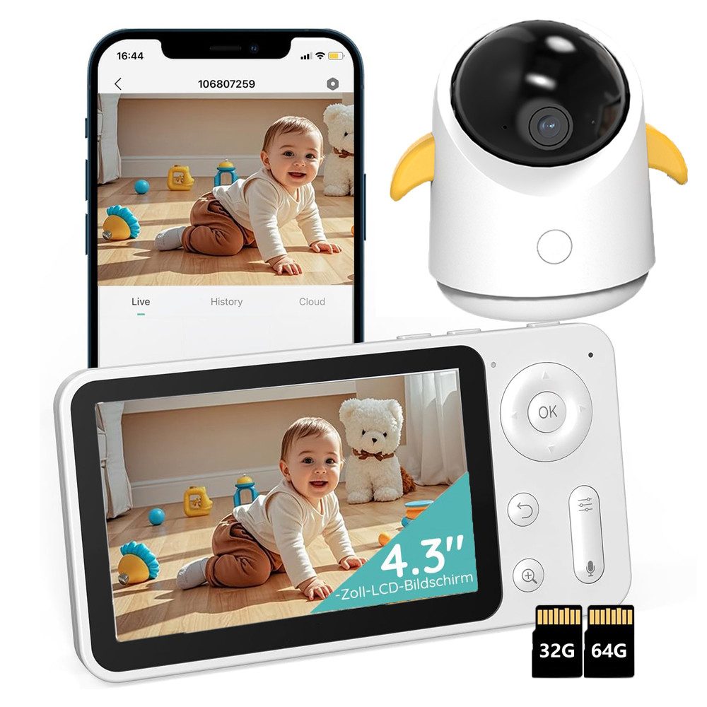 Video-Babyphone 1080P Babyphone mit Kamera und App mit 4.3" mit 32&64G Speicher Karte