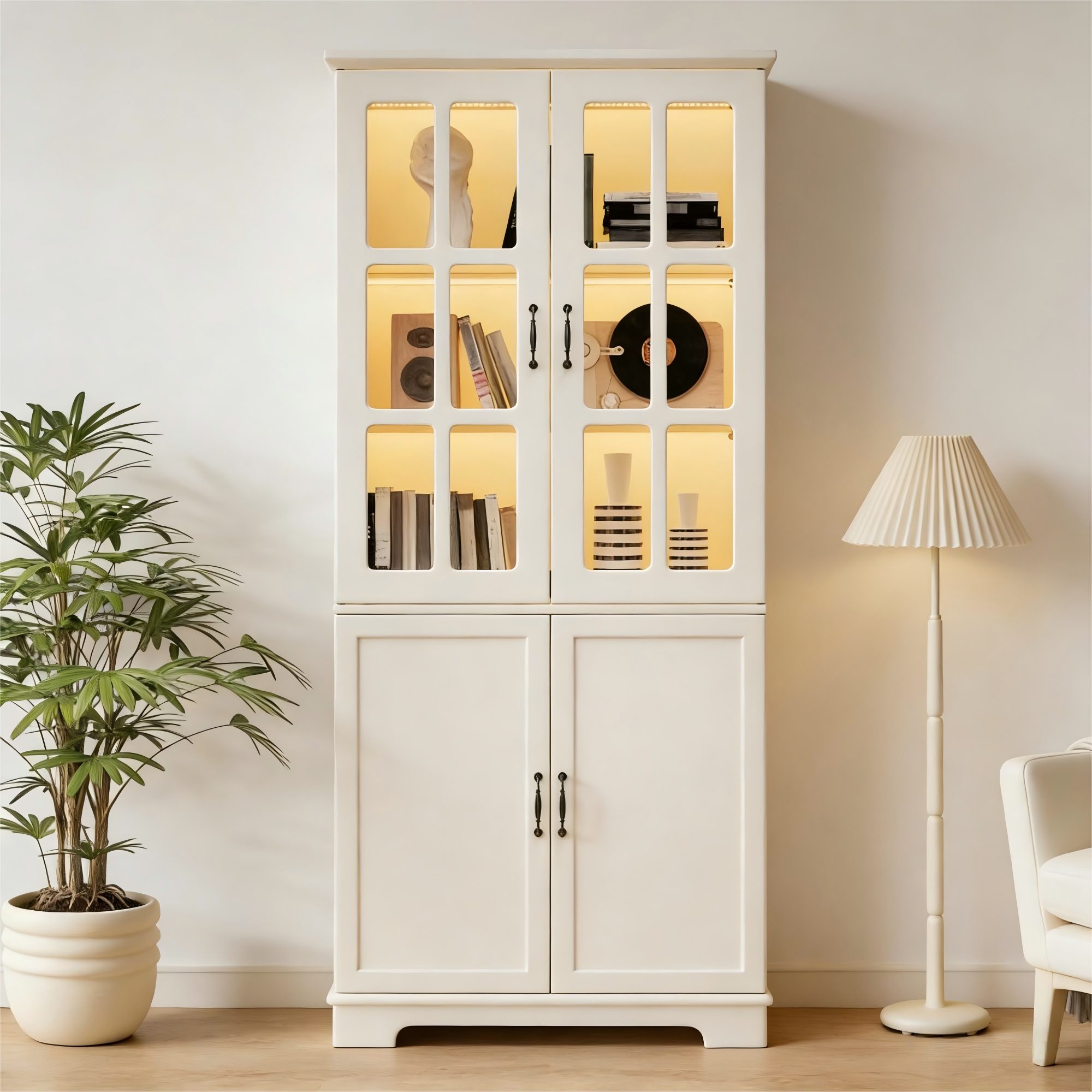 Merax Vitrine Weiß im Landhausstil, Glasvitrine mit LED-Beleuchtung (Robuste Konstruktion für Wohnzimmer & Küche, 1-St., 80x38x180cm) Schrank Standvitrine mit 2 Gitterglas, 2 Volltüren, 5 Regale, Stauraum
