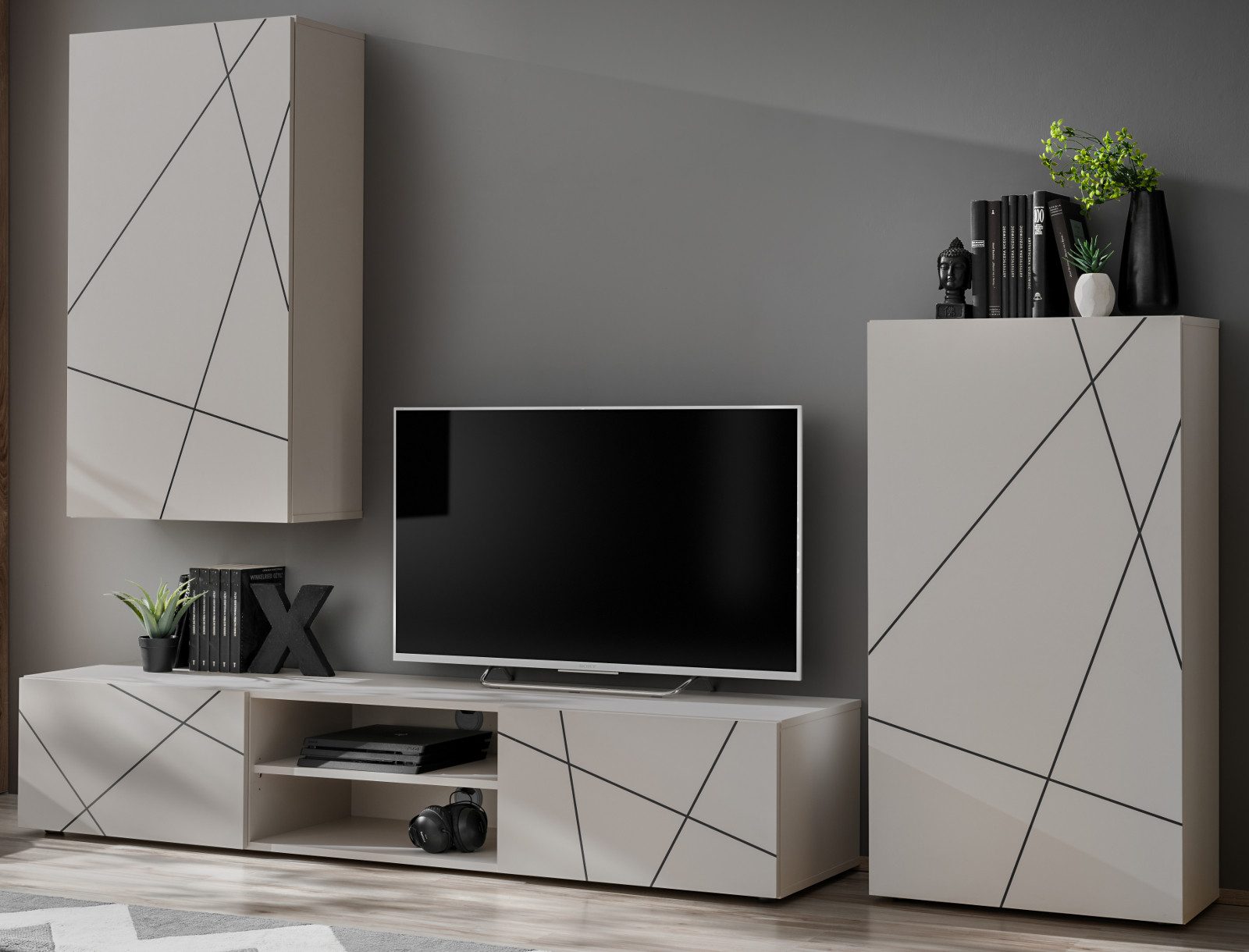 Inn.Furn Wohnwand Metrik, (Schrankwand in Kaschmir mit Schwarz, 3-St., TV-Lowboard und 2x Stand-/Hängeschrank), mit Push-To-Open und Soft-Close