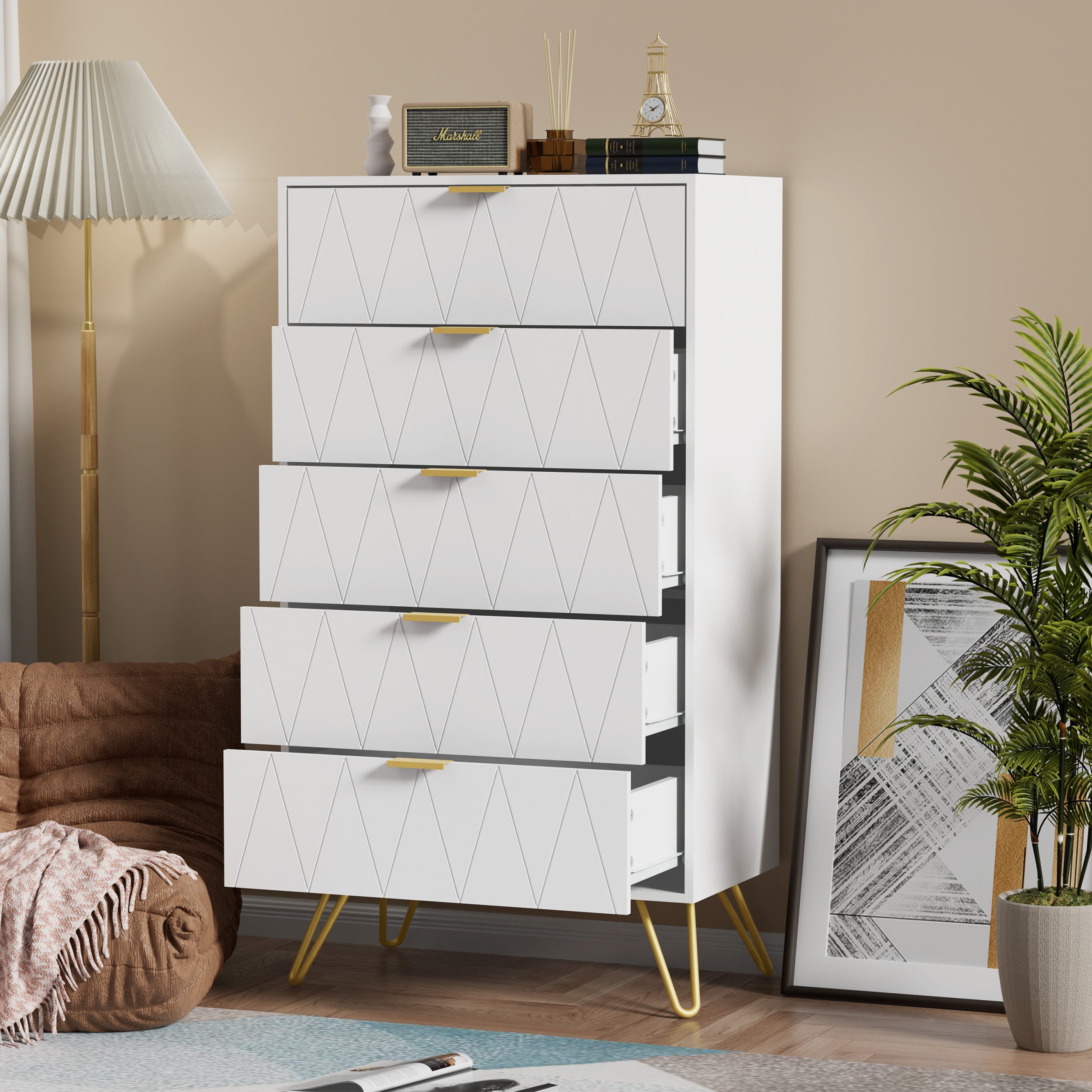 UEV Kommode mit 5 Schubladen, Highboard, Schmal Beistellschrank (Mehrzweckschrank für Wohnzimmer Schlafzimmer Büro Flur, Sideboard mit Schubladen weiß/schwarz/dunkel blau/graublau), 60x34x110cm, Schubladenschrank, Aufbewahrungsschrank, mit Kisppschutz