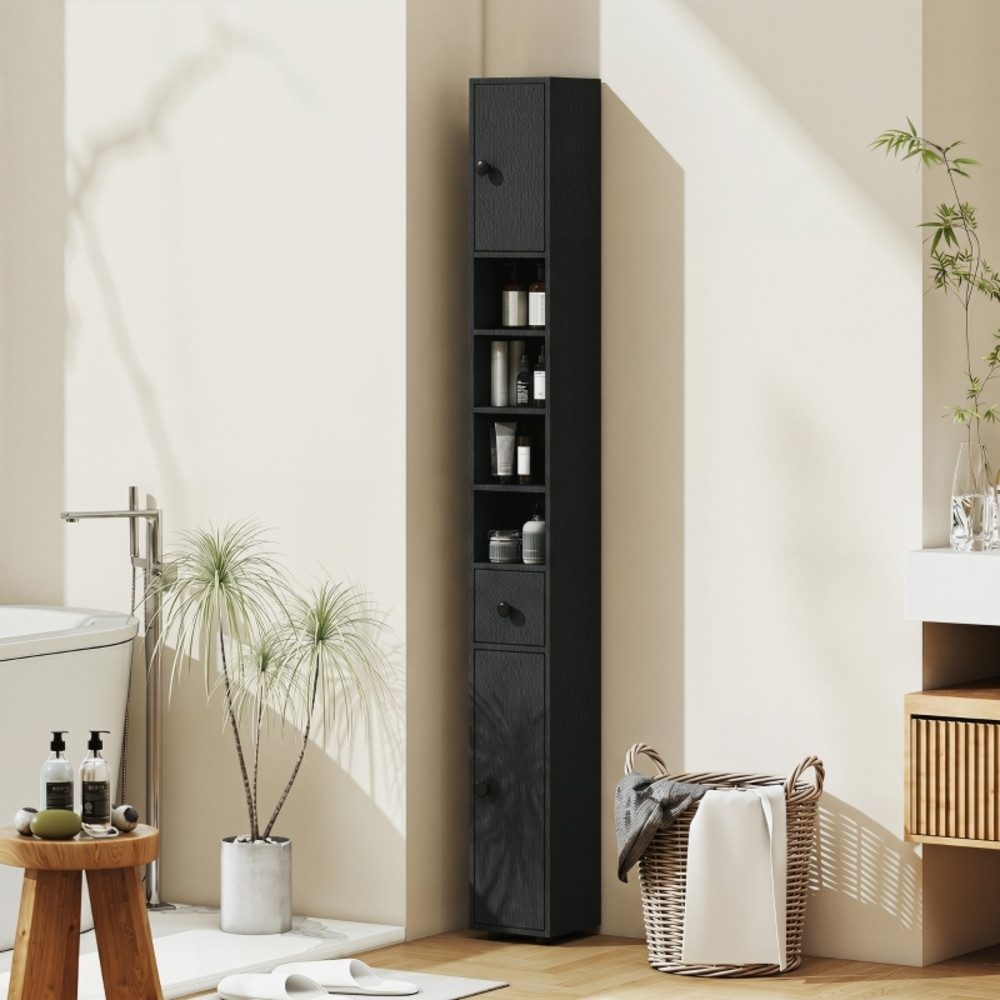 OKWISH Hochschrank Nischen Badregal 20 x 20 x 180 cm, 4 offene Fächer, kompakt (Packung, 1-St., Badschrank für kleine Räume, Aufbewahrung Möbel Schwarz) Schmaler Badezimmerschrank Schwarz mit Schublade