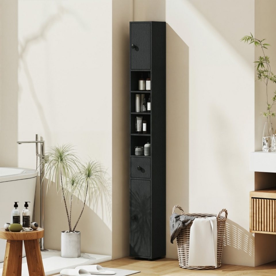 OKWISH Hochschrank Nischen Badregal 20 x 20 x 180 cm, 4 offene Fächer, kompakt (Packung, 1-St., Badschrank für kleine Räume, Aufbewahrung Möbel Schwarz) Schmaler Badezimmerschrank Schwarz mit Schublade