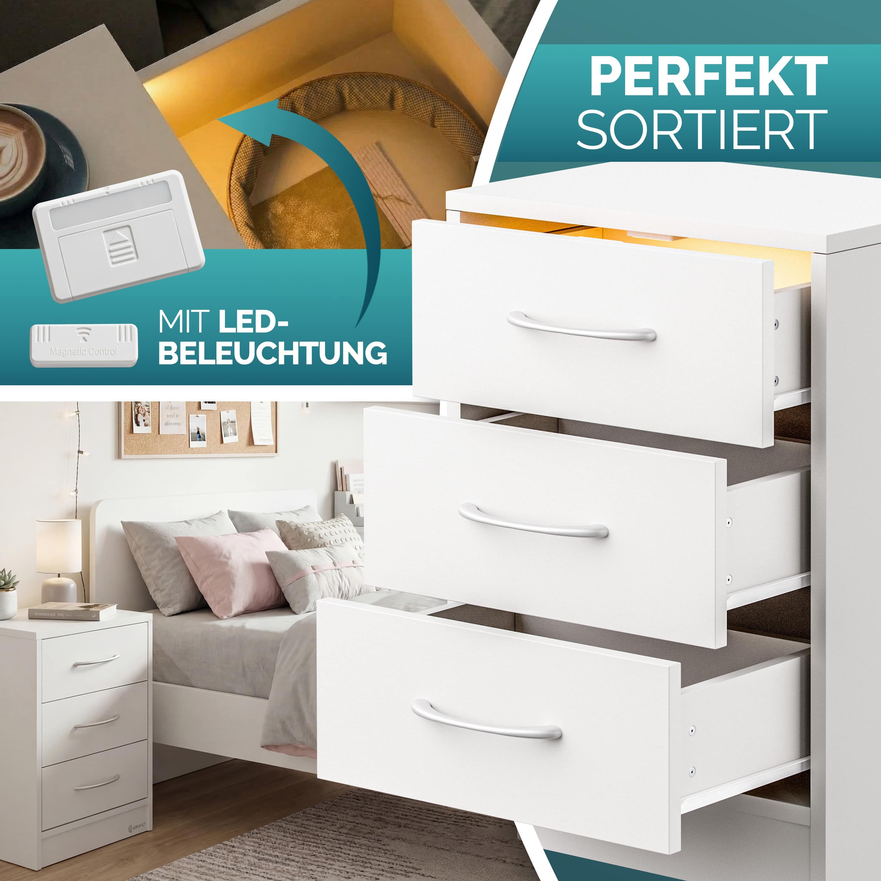 Casaria Nachttisch Eloise (2-St), CASARIA® 2x Nachttisch Eloise weiß LED