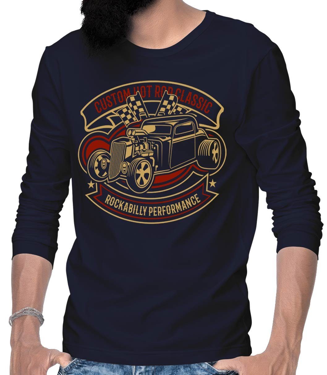 Rebel On Wheels Longsleeve Herren Langarm T-Shirt Longsleeve Tee Custom Hotrod Classic mit Hotrod / US-Car Motiv Blau