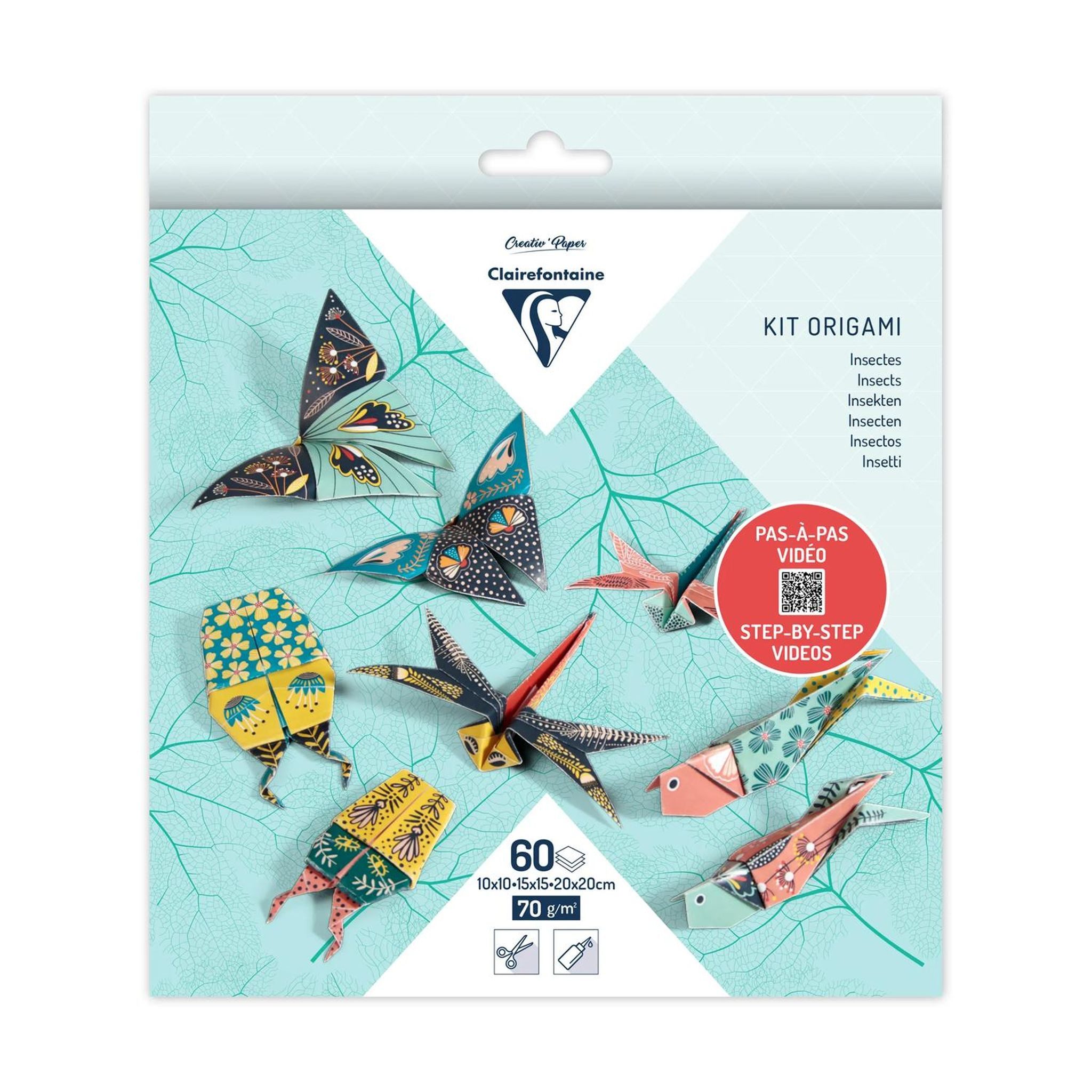 CLAIREFONTAINE Bastelkartonpapier Clairefontaine Origami, 60Bl 3 Formate, Insekten