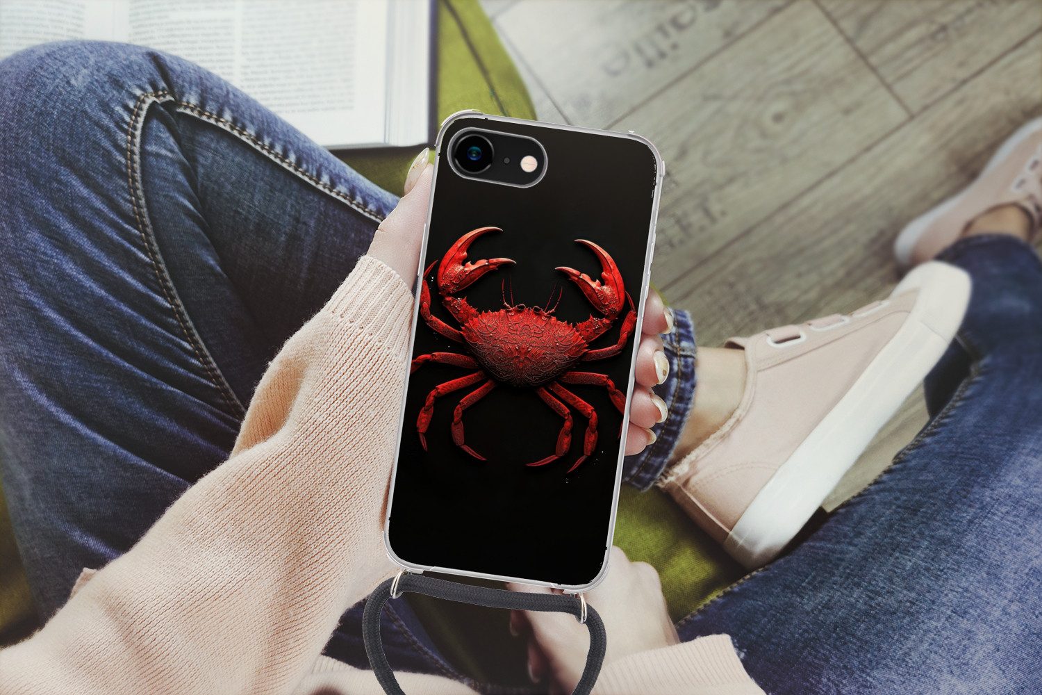 MuchoWow Handyhülle für Apple iPhone 7 Krabbe - Rot - Fisch - Krustentiere, Tragbare Handyhüllen mit Kette zum umhängen, Handykette Handyband