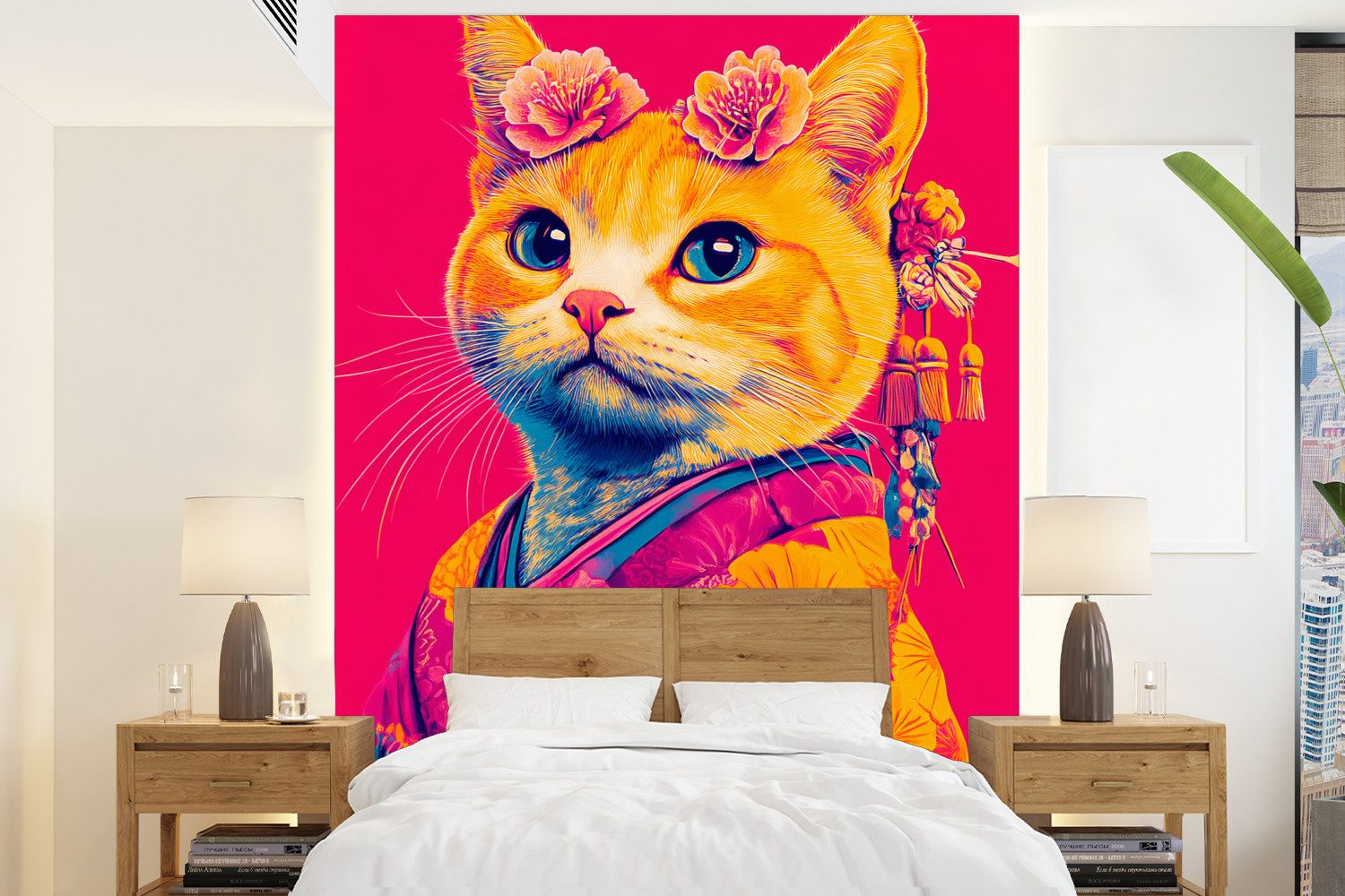 MuchoWow Fototapete Katze - Kimono - Blumen - Rosa, Matt, bedruckt, Montagefertig Vinyl Tapete, Wandtapete, 190x260 cm