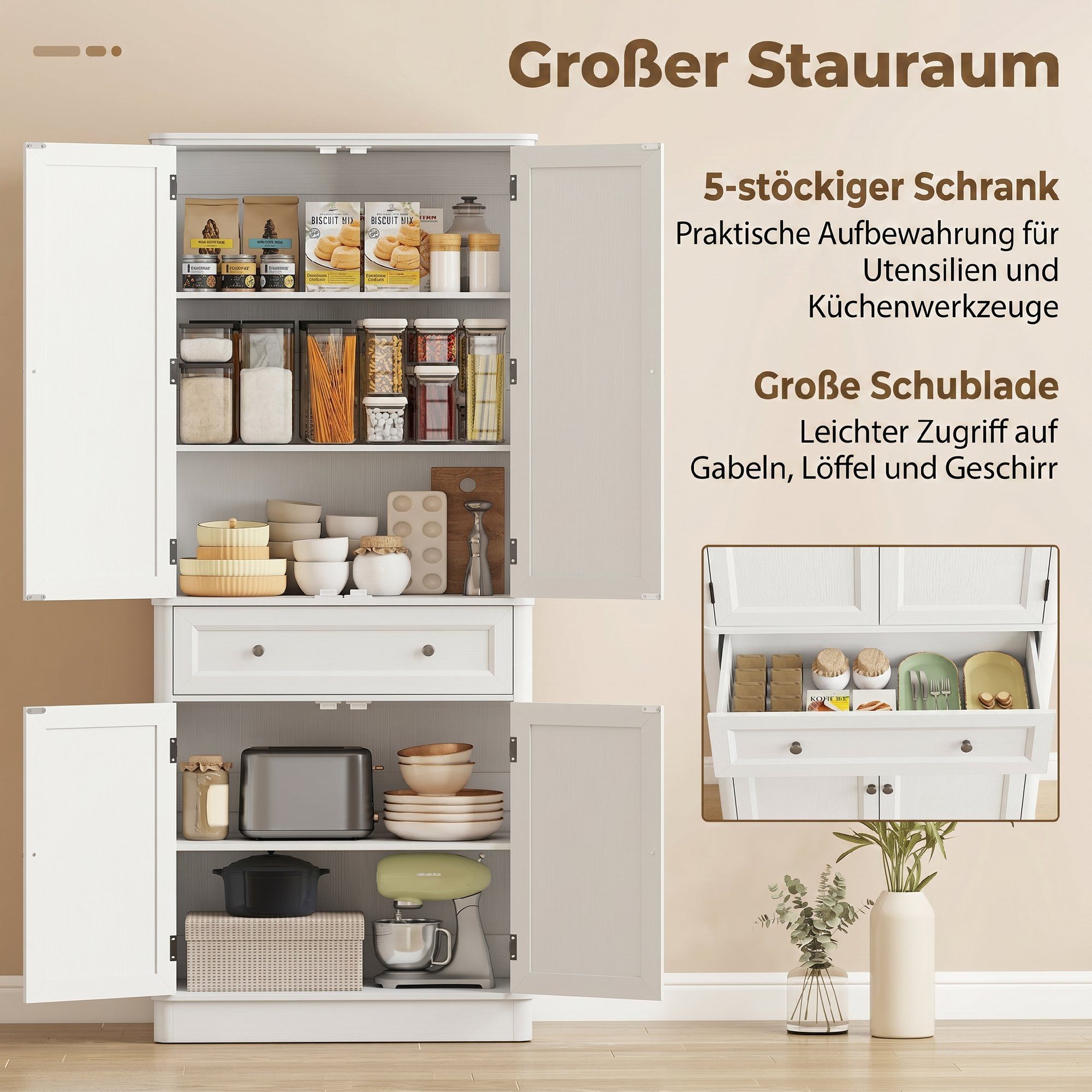 HOMCOM Hochschrank Buffetschrank mit 4 Türen, Schublade, verstellbaren Einlegeböden (Küchenschrank, 1-St., Vorratsschrank) für Küche, Esszimmer, Wohnzimmer Weiß – Bild 4 von 5