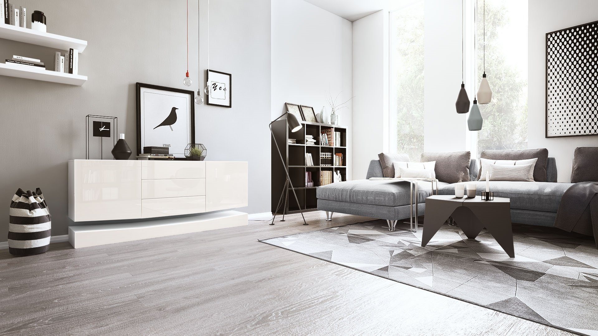 Vladon Sideboard City (Kommode, mit 2 Türen und 3 Schubladen), Weiß matt/Creme Hochglanz (178 x 72 x 38 cm)