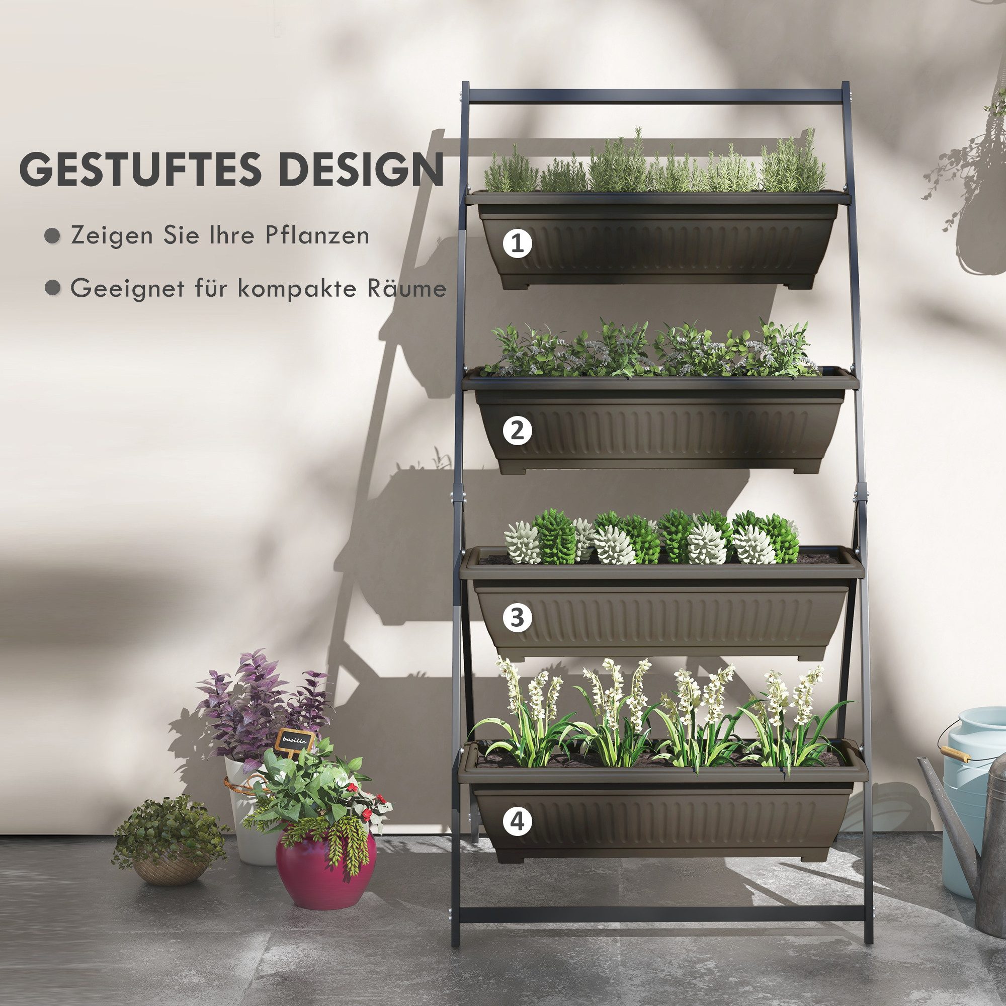 furnicato Pflanzentreppe mit 4 Kästen 76L x 79B x 162H cm Dunkelbraun (1 St), Stapelbarer Blumenkübel mit Abflusslöchern für Garten und Terrasse