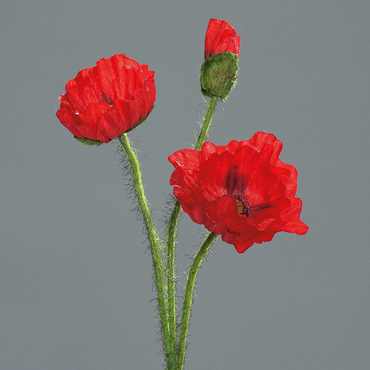 Kunstblume Mohnzweig mit 2 Blüten und 1 Knospe 56cm DP Blumen künstlicher Papaver