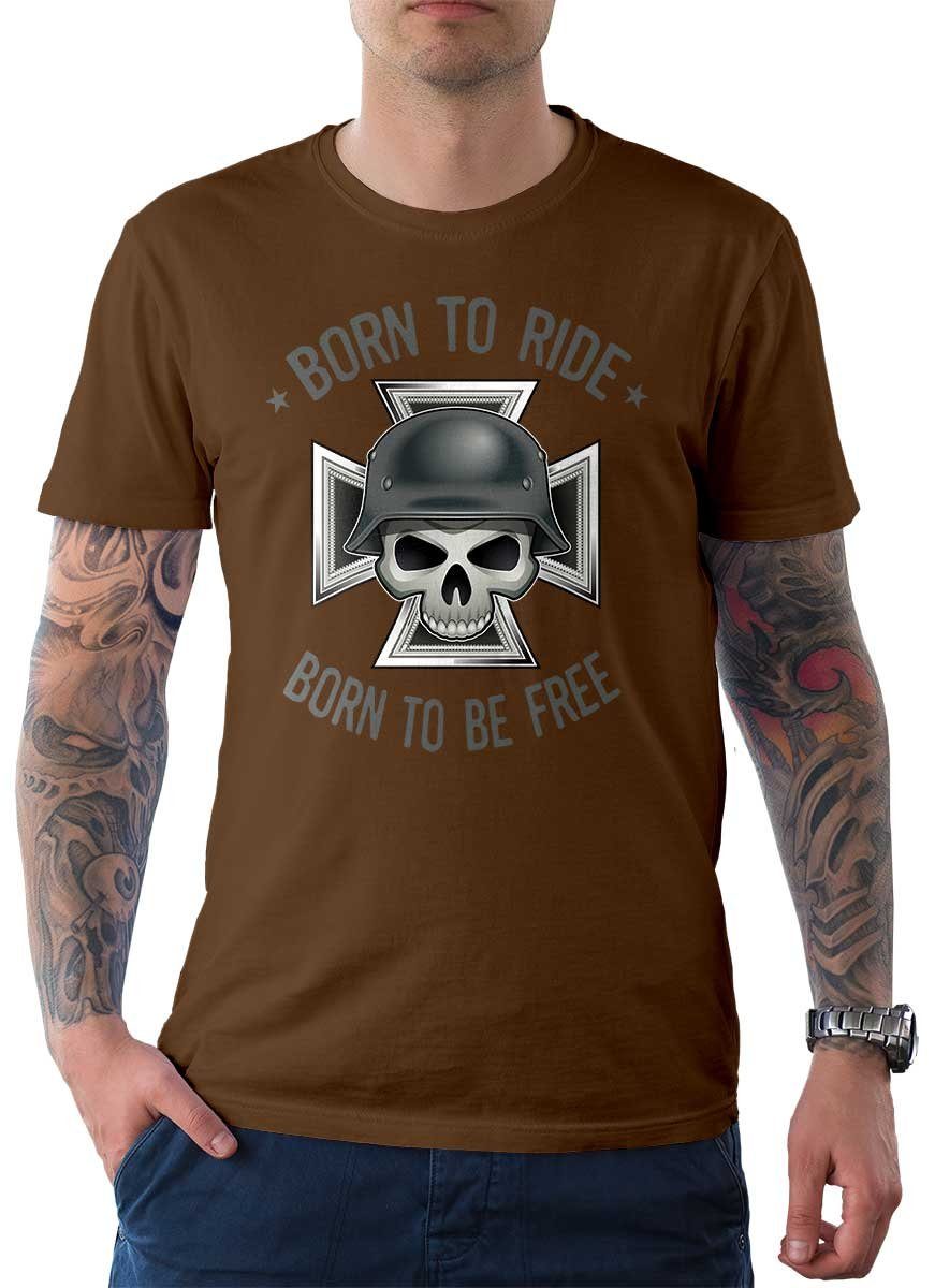 Rebel On Wheels T-Shirt Herren T-Shirt Tee Born To Ride German Skull mit Biker / Motorrad Motiv Braun
