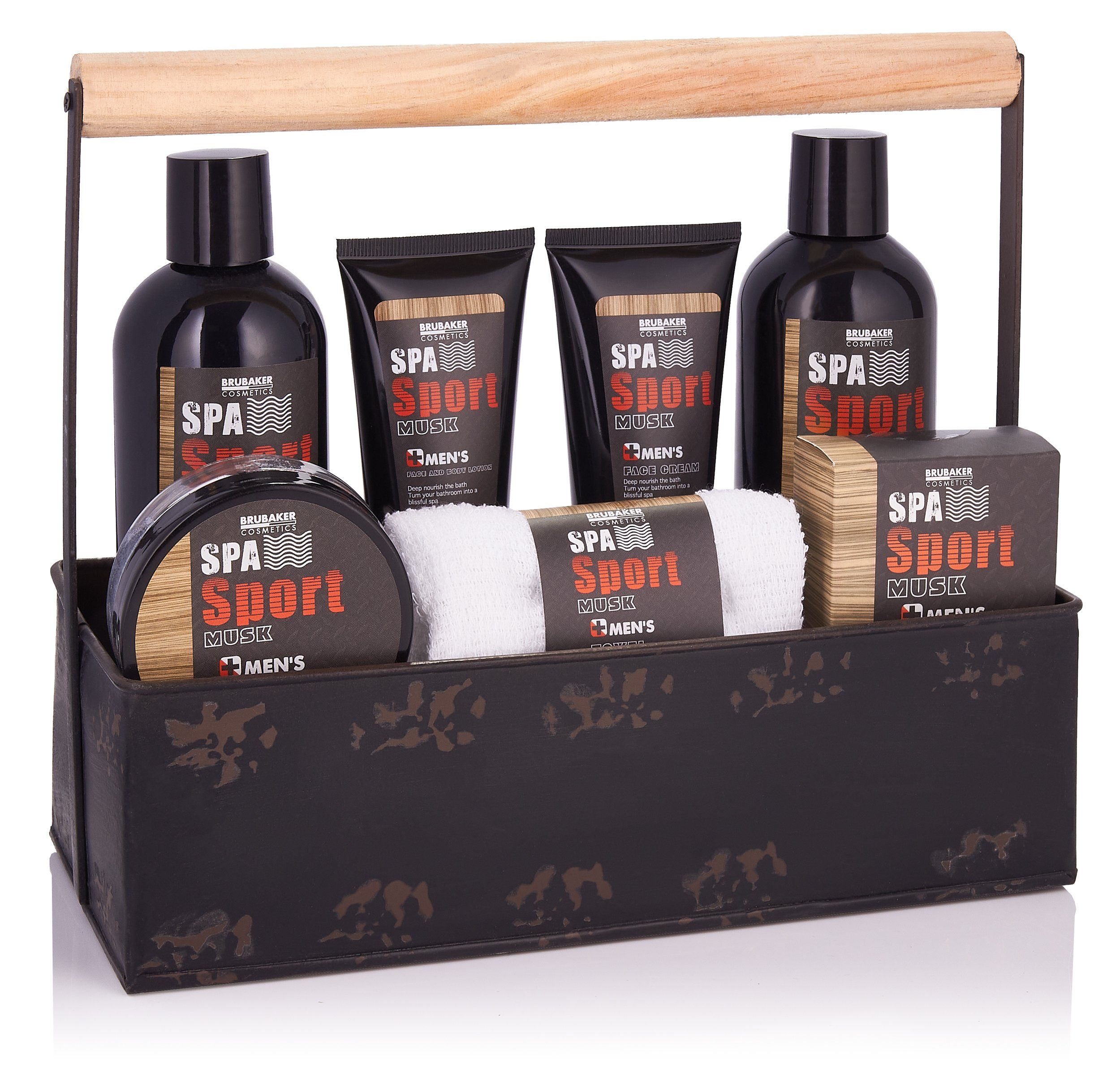 BRUBAKER Pflege-Geschenkset Dusch- und Badeset für Männer - Geschenk für Papa, Vatertagsgeschenk Pflegeset, 8-tlg., Herren Geschenkset in Werkzeugkasten, Pflegeset Spa Sport Musk