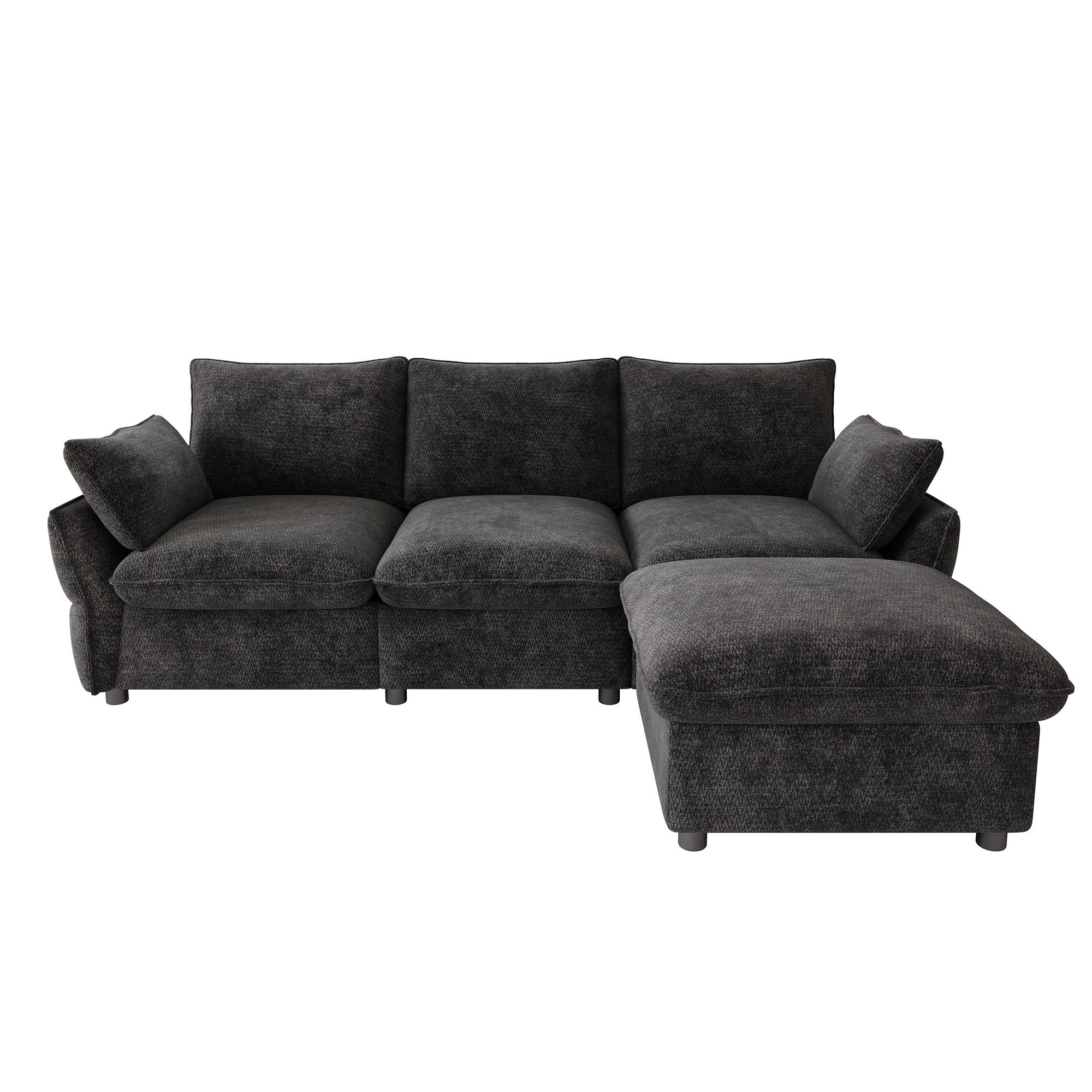 Flieks Ecksofa 3-Sitzer Sofa inkl. 1 Hocker & 2 Zierkissen, 222,5×154,5×76,5 cm 1 Teile, L-Form Couch Chaiselongue mit Schlaffunktion, Chenille, Dunkelgrau – Bild 5 von 5