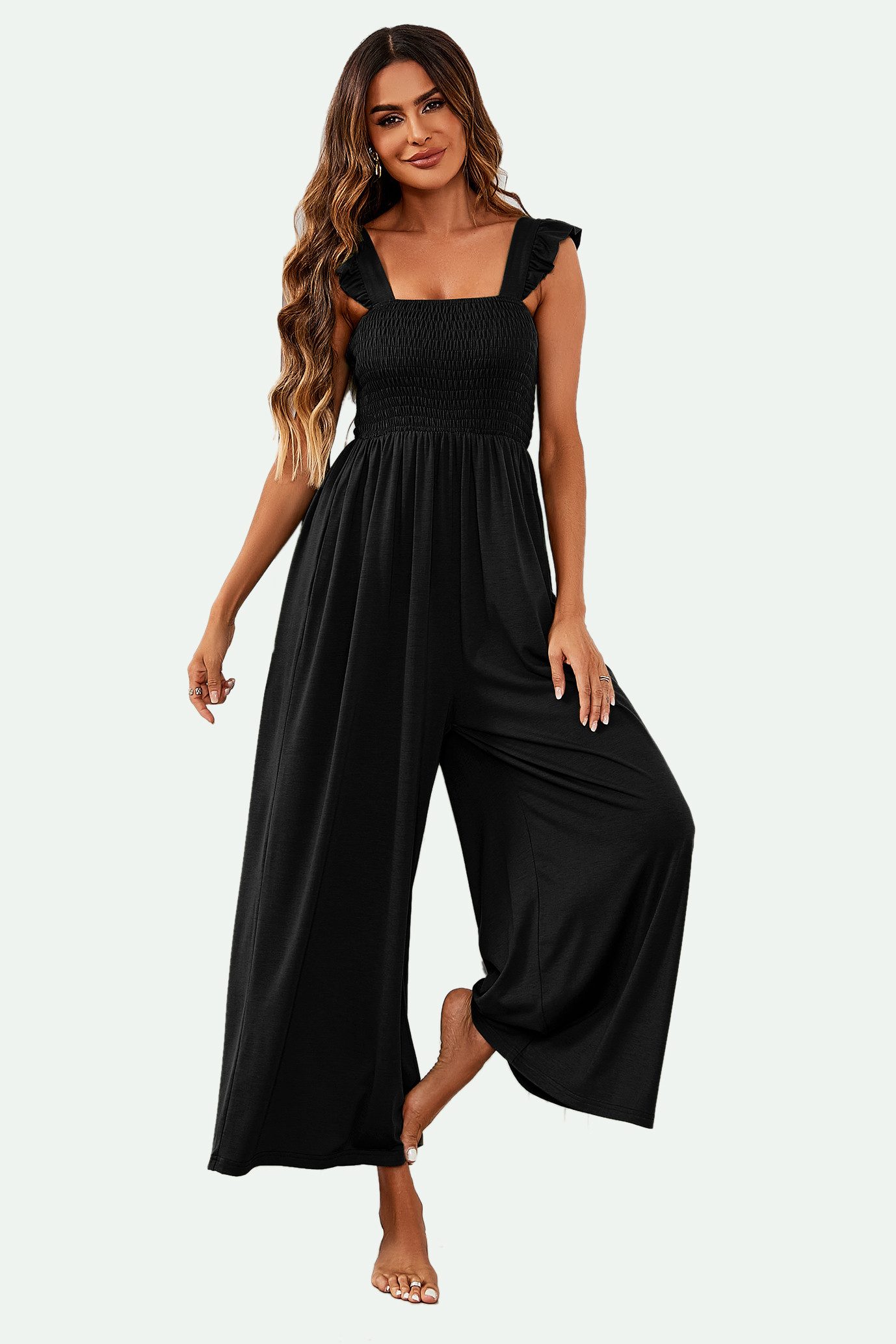 FS Collection Jumpsuit Damen Jumpsuit Stretch mit Smokdetails & weitem Bein - Trendy (Einheitsgröße: XS (EU:36 / UK:8) · S (EU:38 / UK:10) · M (EU:40 / UK:12) · L (EU:42 / UK:14) · XL (EU:44 / UK:16), 2 Farben: Olivgrün und Schwarz) 95% Polyester, 5% Elastane – weicher Jersey, elastisch, formstabil
