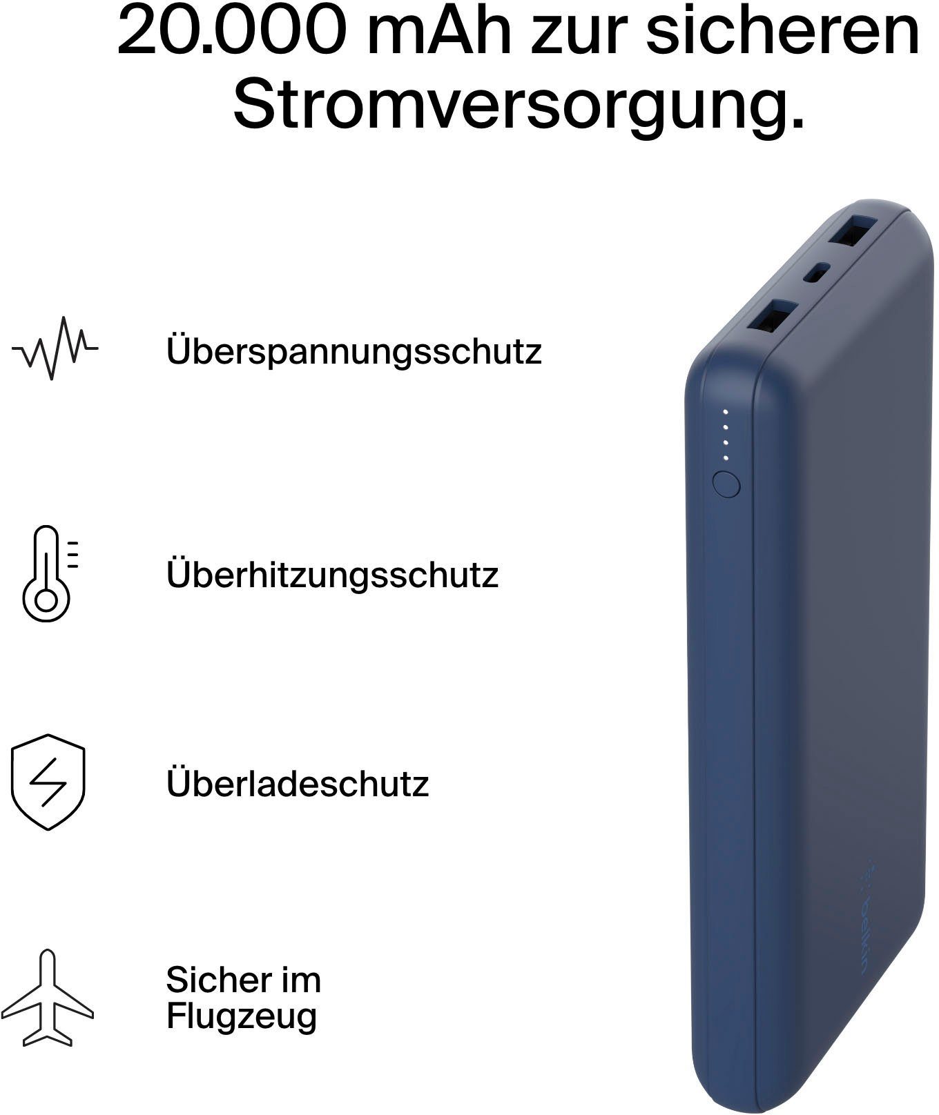 2x Belkin USB-C, Laden 15 von Powerbank, zu 20.000mAh Powerbank bis 78 blau Stunden 1x zum 3 BoostCharge Power für USB-A, Watt Geräten