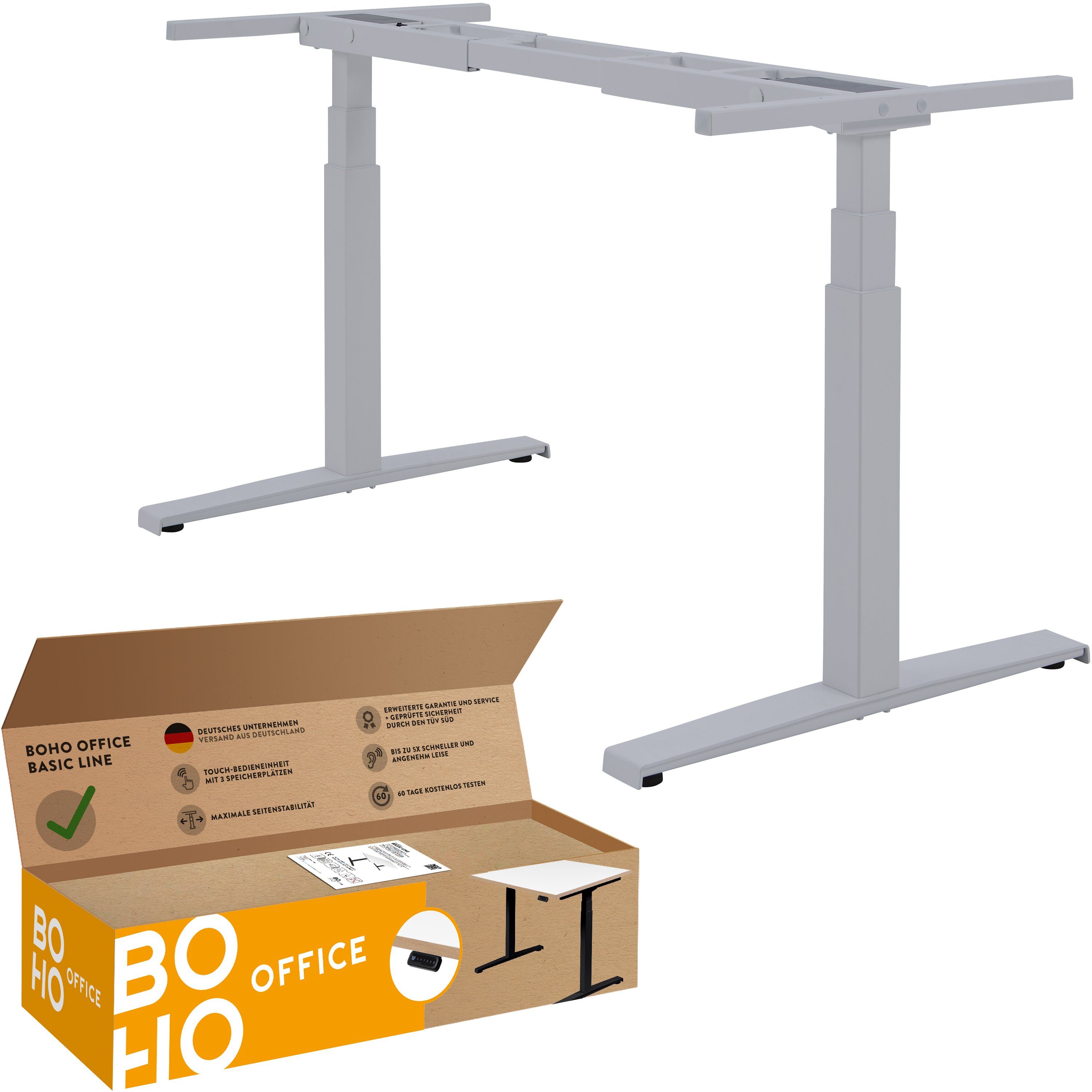 boho office® Schreibtisch Basic Line (Tischgestell), elektrisch stufenlos höhenverstellbar in Silber inkl. Memory-Funktion