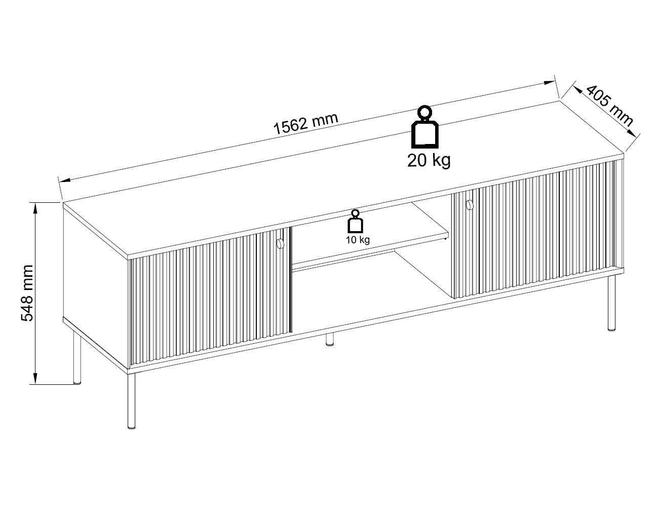 Feldmann-Wohnen Lowboard Iris (2 Türen, offene Fächer, mit Kabelmanagement, 1 St., moderne Optik, gerillte Fronten, Soft-Close, Griffe & Füße aus Metall), 156,2x40,5x54,8cm grau