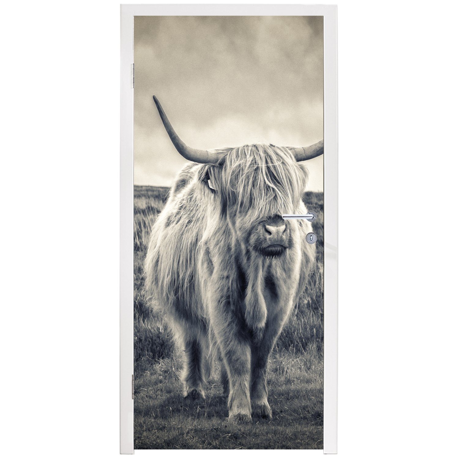 75x205 Tiere Schottischer Tür, Wolken MuchoWow - bedruckt, Natur, - Matt, für St), Hochländer Fototapete - Kuh - Türtapete (1 cm Türaufkleber,