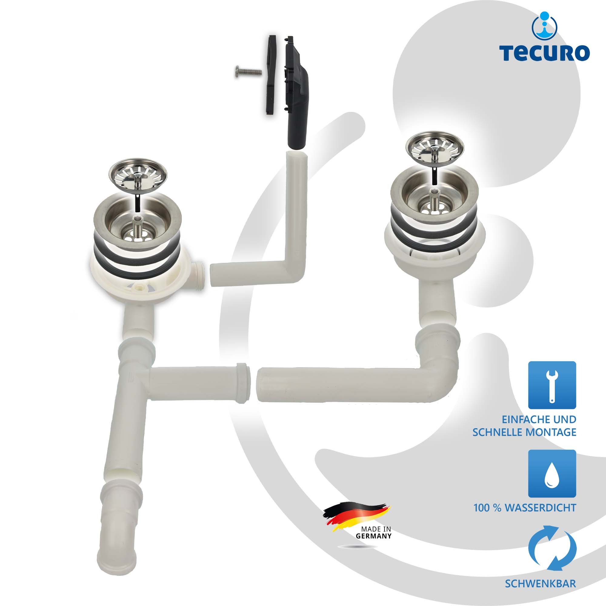 tecuro Siphon Doppel-Spülen-Siebkorbventil Ø 114 mm (3 1/2 Zoll) mit Überl. 38x64 mm