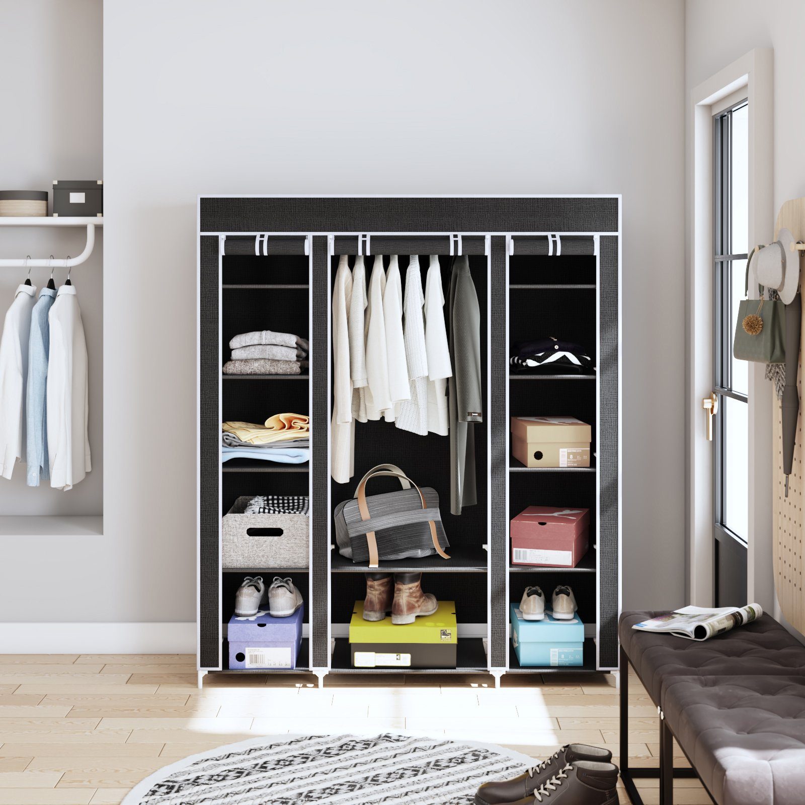 Mondeer Stoffschrank Kleiderschrank mit Kleiderstange, 3 Türen, 175 x 150 x günstig online kaufen