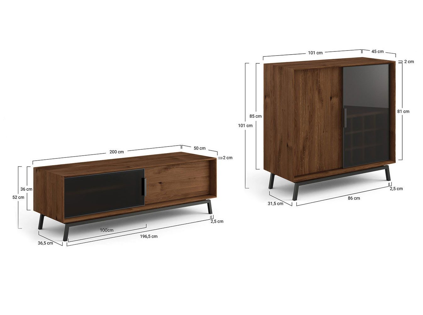 Feldmann-Wohnen Wohnwand Modern Loft, (2-türig, mit Einlegeböden, mit Glaseinsatz, 2-St., Massivholz, geölte Oberfläche), 2-teilig Massivholz geölt Eiche Tabak
