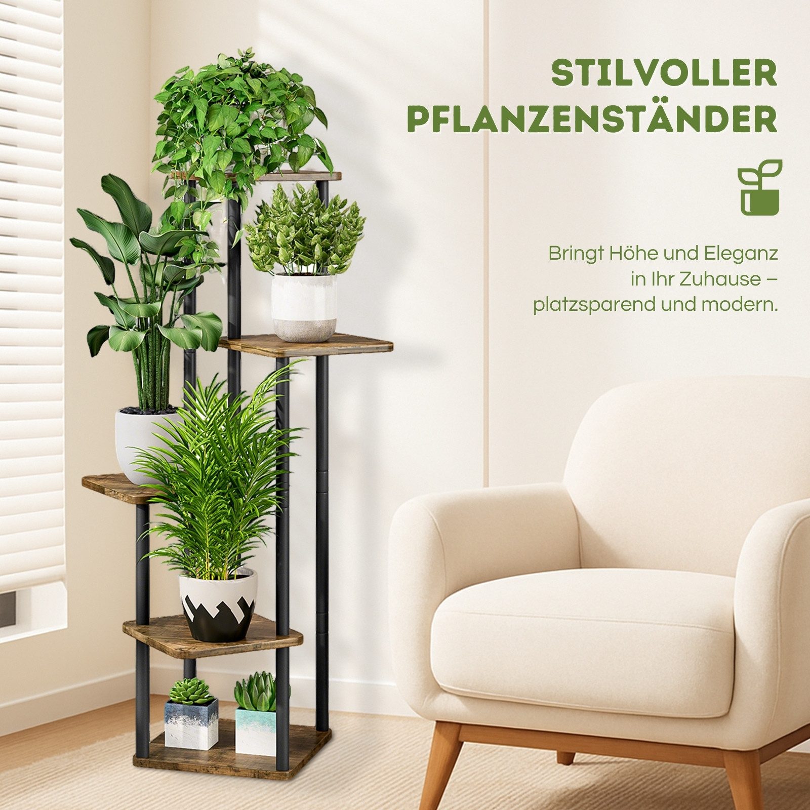 Allyson Pflanzentreppe Blumenständer 5 Ebenen Pflanzenständer Pflanzenregal & Blumenhocker, 5 Ebenen, stabiles Metallgestell, platzsparendes vertikales Design
