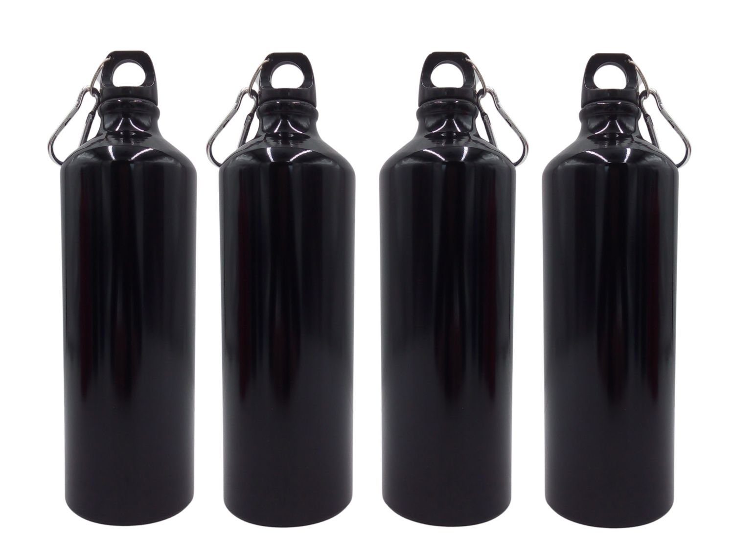 BURI Trinkflasche 4x Alu Trinkflasche 1Liter schwarz glänzend Karabiner Wasserflasche Sp