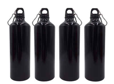 BURI Trinkflasche 4x Alu Trinkflasche 1Liter schwarz glänzend Karabiner Wasserflasche Sp