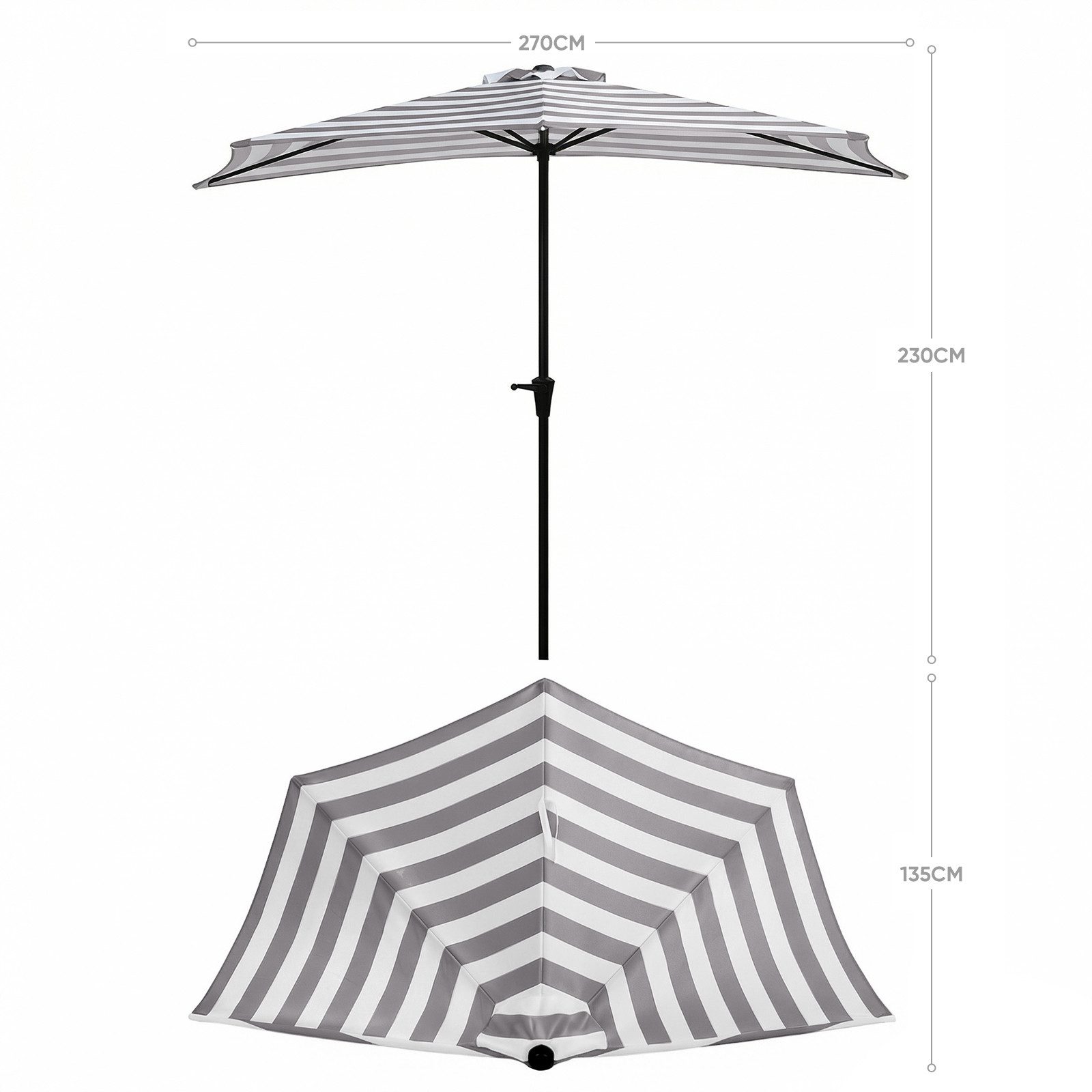 Sekey Sonnenschirm 270 cm Sonnenschirm Streifen Halbrund Terrassenschirm mit Kurbel, Halbrundschirm für Balkon, Garten, Hof, Restaurant, Café, Biergarten – Bild 4 von 5