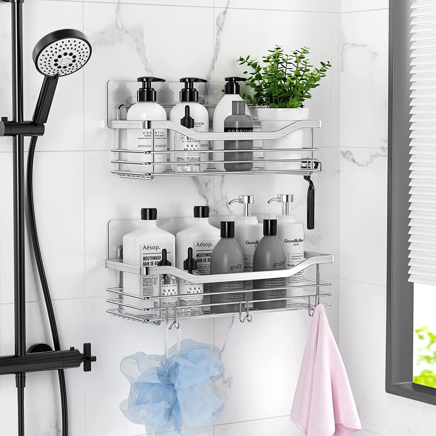 Refined Living Duschregal Duschablage ohne Bohren,Edelstahl Duschablage mit 5 Haken,2 Stück, Duschkörbe für Bad Küche Toilette,Duschregal,Badezimmer Regal Organ – Bild 3 von 5