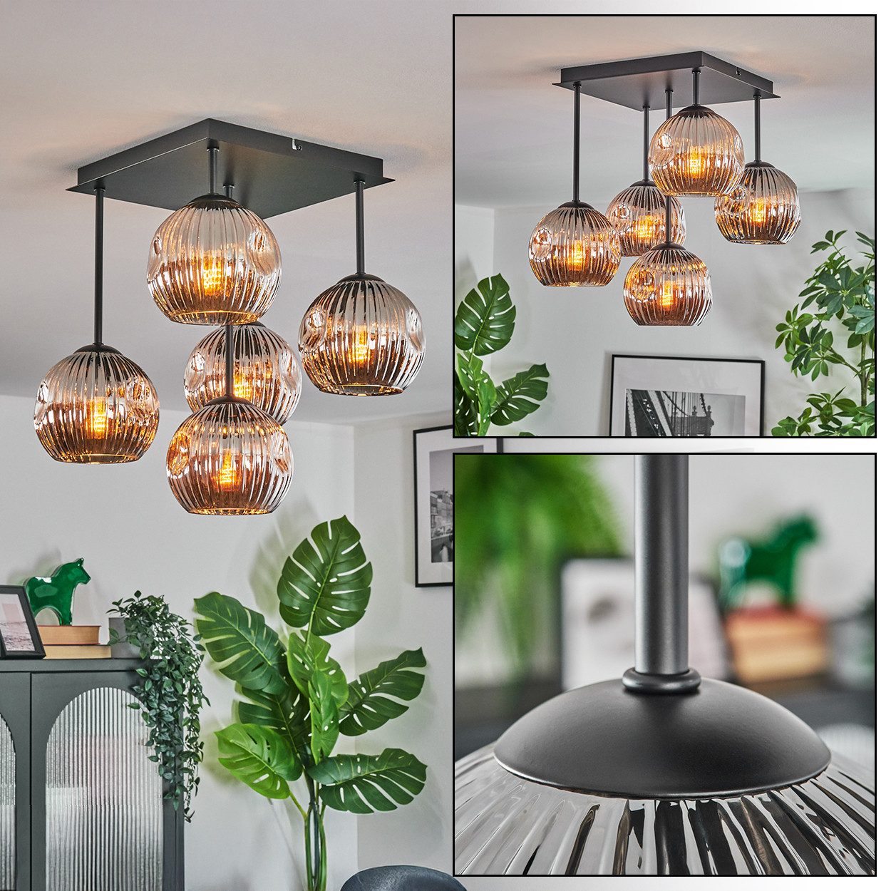 hofstein Deckenleuchte Deckenlampe aus Metall/Riffelglas in Schwarz/Chrom-/Rauchfarben, Deckenleuchte im Retro/Vintage-Design (Schirm Ø 15 cm), 5 x E14