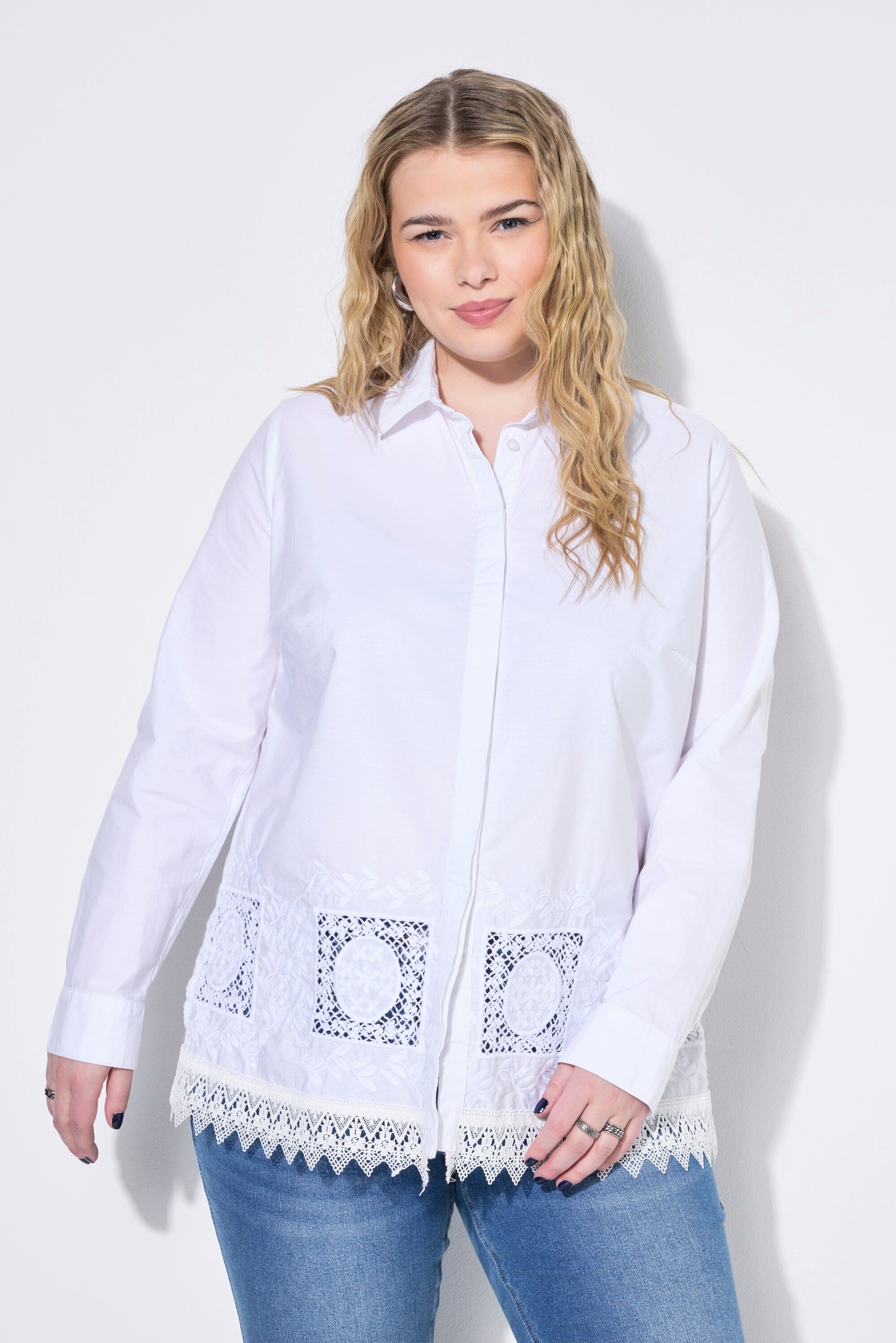 Studio Untold Hemdbluse Hemdbluse Boxy Shape Lochspitze am Saum günstig online kaufen