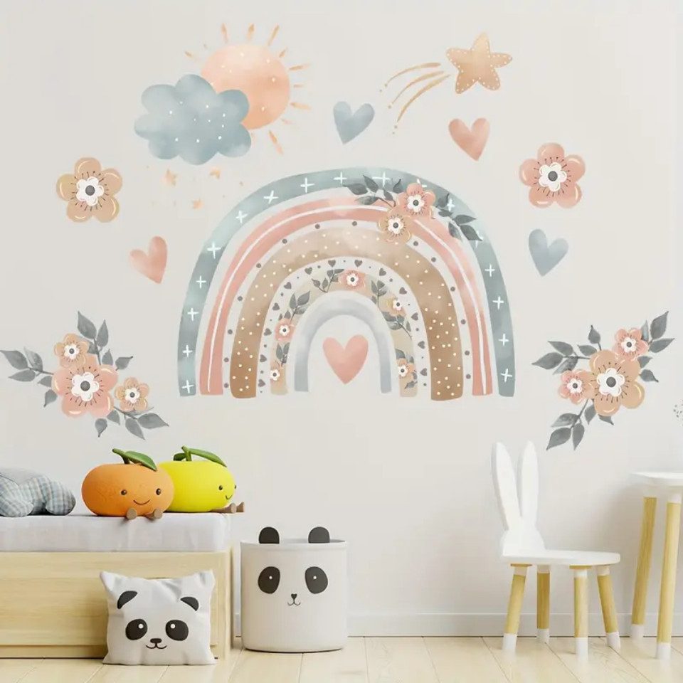 Montegoni Wandsticker Lebendige Regenbogen Herz und Blumen Wandtattoo, Abnehmbare PVC Aufkleber für Wohnzimmer und Sofahintergründe – Bild 4 von 5