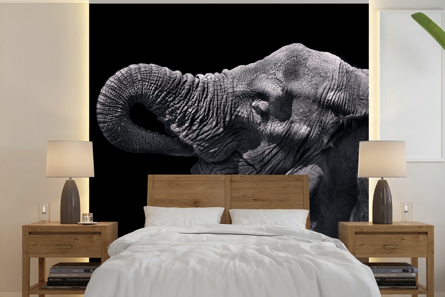 MuchoWow Fototapete Elefant - Tiere - Schwarz - Natur, Matt, bedruckt, (4 St), Vliestapete für Wohnzimmer Schlafzimmer Küche, Fototapete