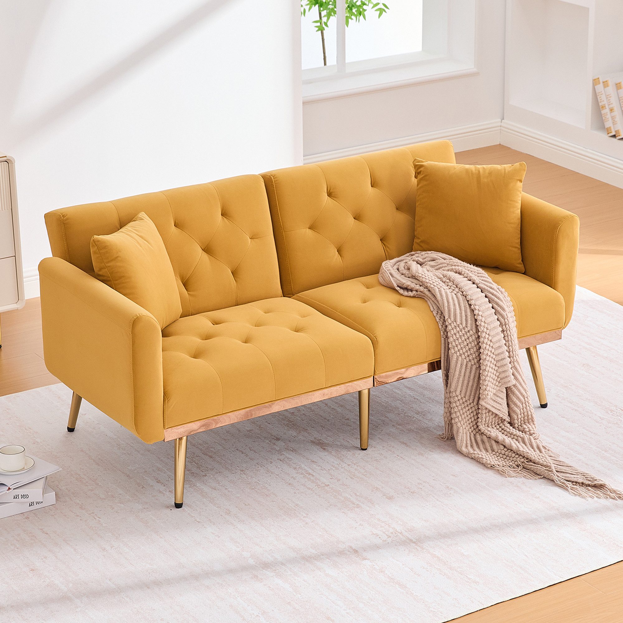 OKWISH Sofa Loungesofa, mit verstellbarer Rückenlehne, Samtbezug, gepolsterten Kissen & Metallbeinen