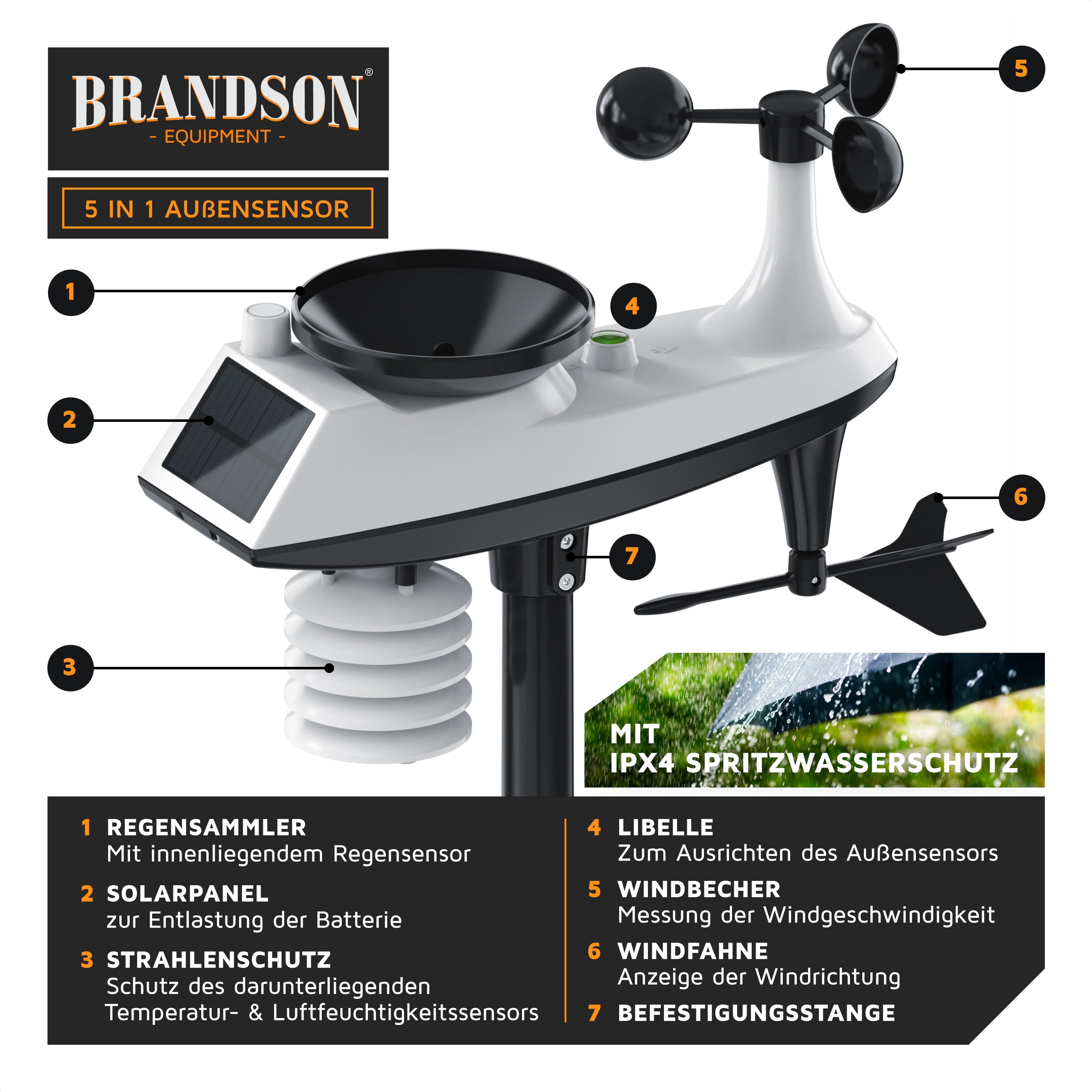 Brandson Wetterstation Funk mit 5 in 1 Außensensor, Farbdisplay, DCF Außenwetterstation (mit Außensensor, Netzteil, Bedienungsanleitung, Thermometer, Hygrometer – Bild 3 von 5