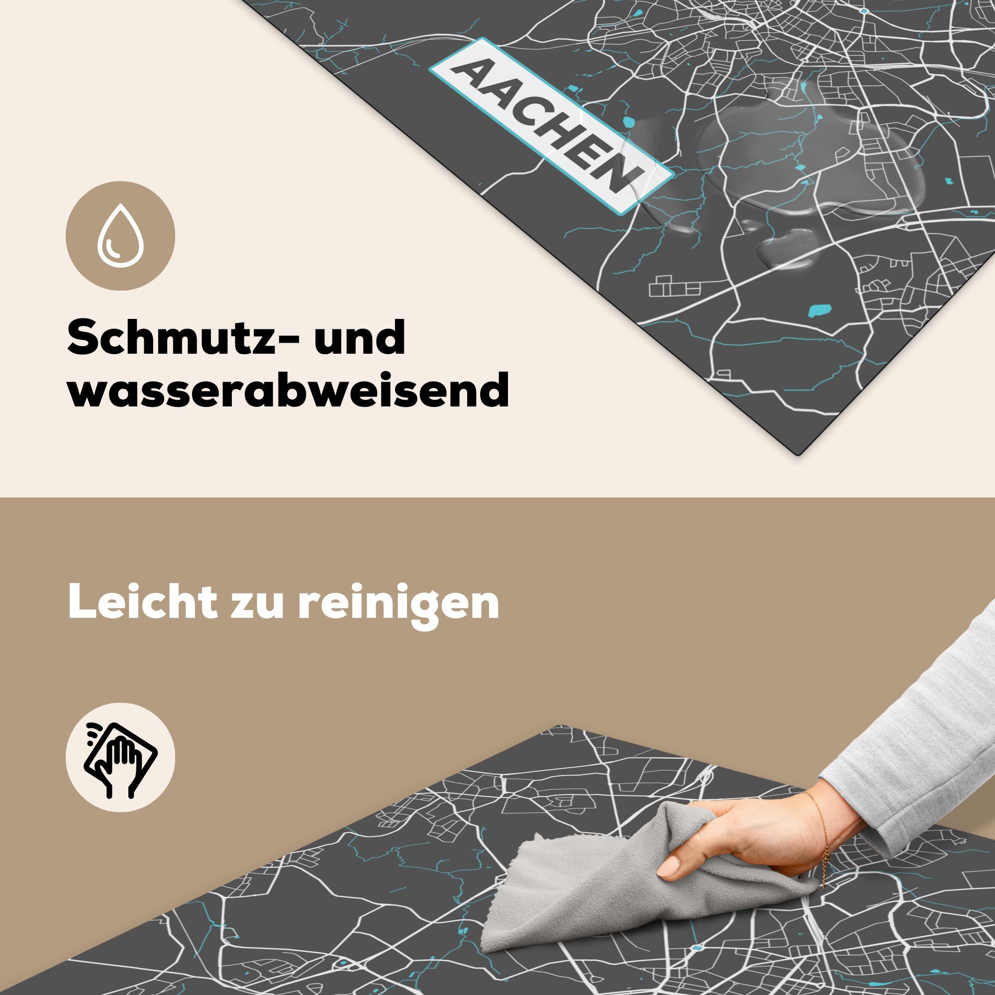 - 78x78 Arbeitsplatte Herdblende-/Abdeckplatte cm, küche Karte - - (1 Deutschland Ceranfeldabdeckung, MuchoWow Blau Aachen, - tlg), für Vinyl, Stadtplan