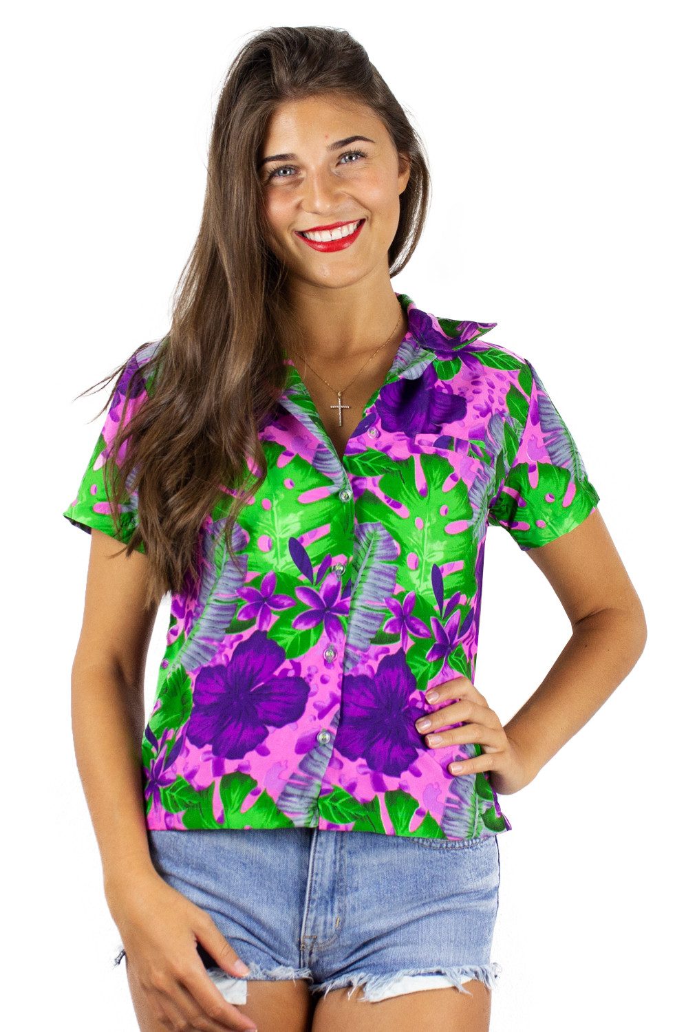 King Kameha Hawaiihemd Grün Lila Blüte Funky Hawaiibluse Damen Kurzarm Front-Tasche Stylish