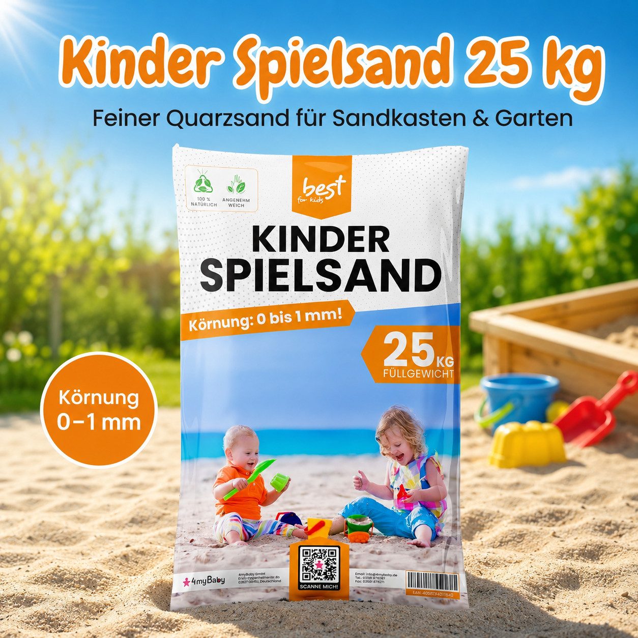 Best for Kids Spielsand Quarzsand für Sandkästen, dekorativ, sauber und hygienisch (Spielsand, 1-St., Sackware (verschiedene Gewichtsgrößen verfügbar), TOP Qualität, doppelt gesiebt, hygienisch geprüft, keimfrei