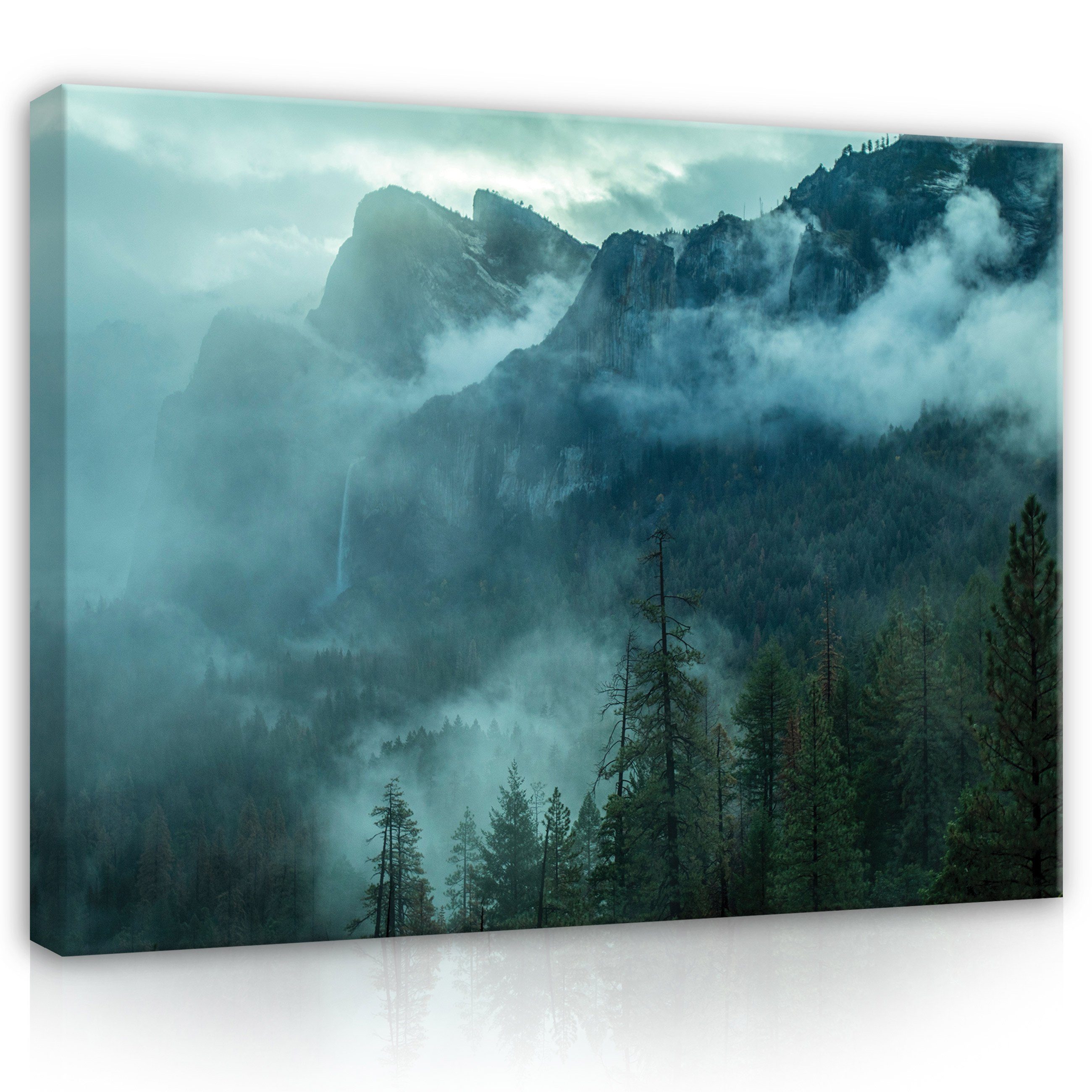 Wallarena Leinwandbild Berge Wald im Nebel Natur Kunst Wandbild XXL Leinwandbilder Modern, Landschaft (Einteilig), Aufhängefertig