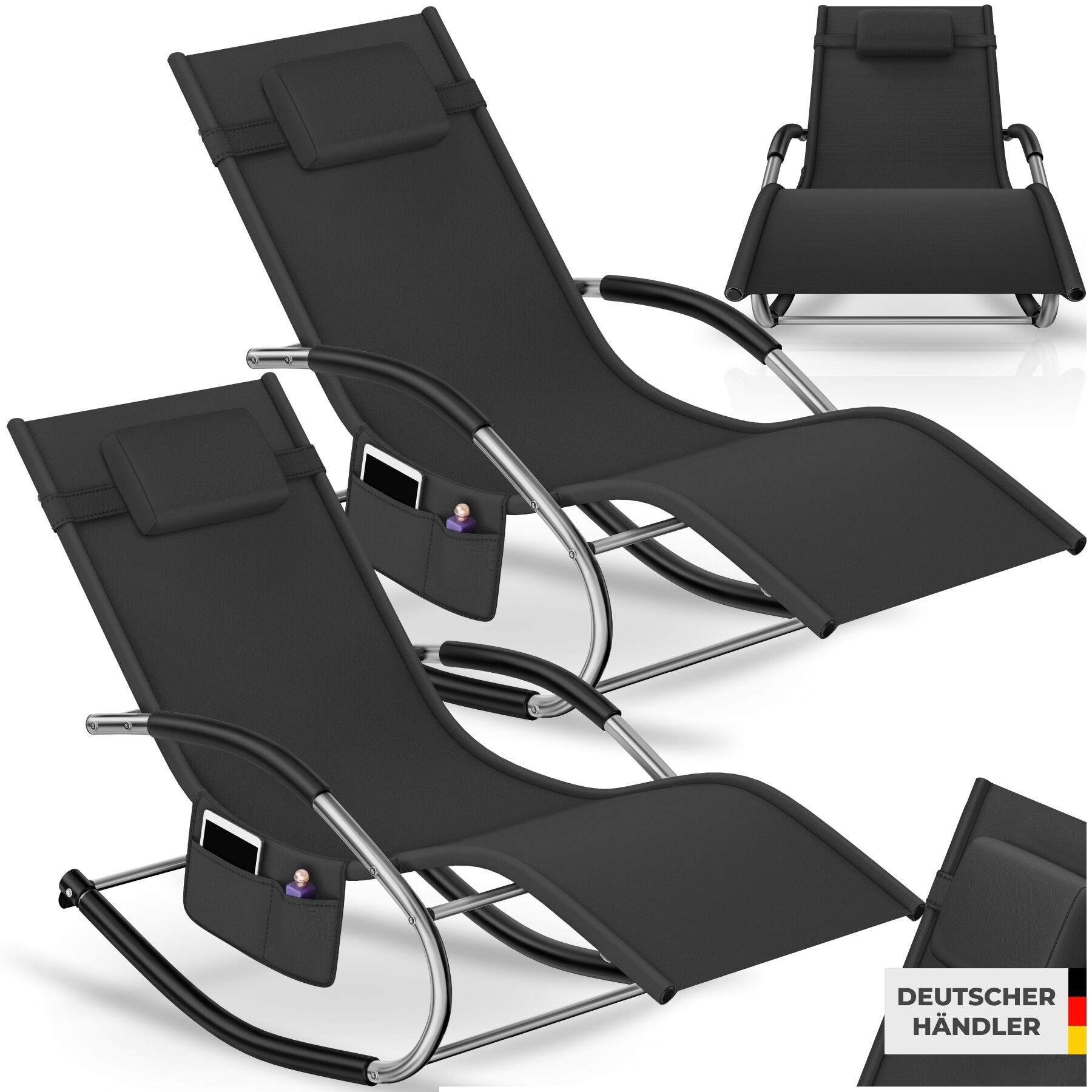 tectake Gartenliege ergonomische Sonnenliege, Belastbarkeit 120 kg, 62 x 146 x 92 cm, Balkonliege Taya, 2 St., für Außen in Schwarz, gepolstert, atmungsaktiv, wasserabweisend, mit Aufbewahrungstasche