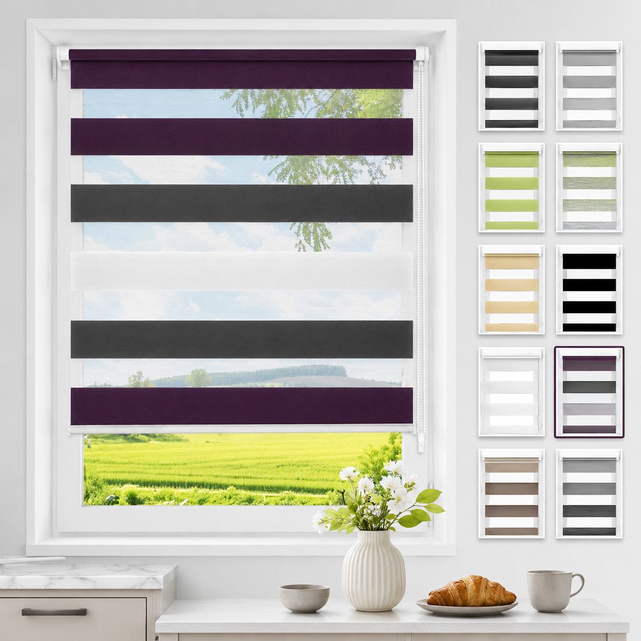 Doppelrollo ohne Bohren 130cm/150cm/230cm, OUBO, freihängend, verspannt, Klemmfix, Klemmträger, Für Fenster und Tür mit Klemmträger lichtdurchlässig verdunkelnd