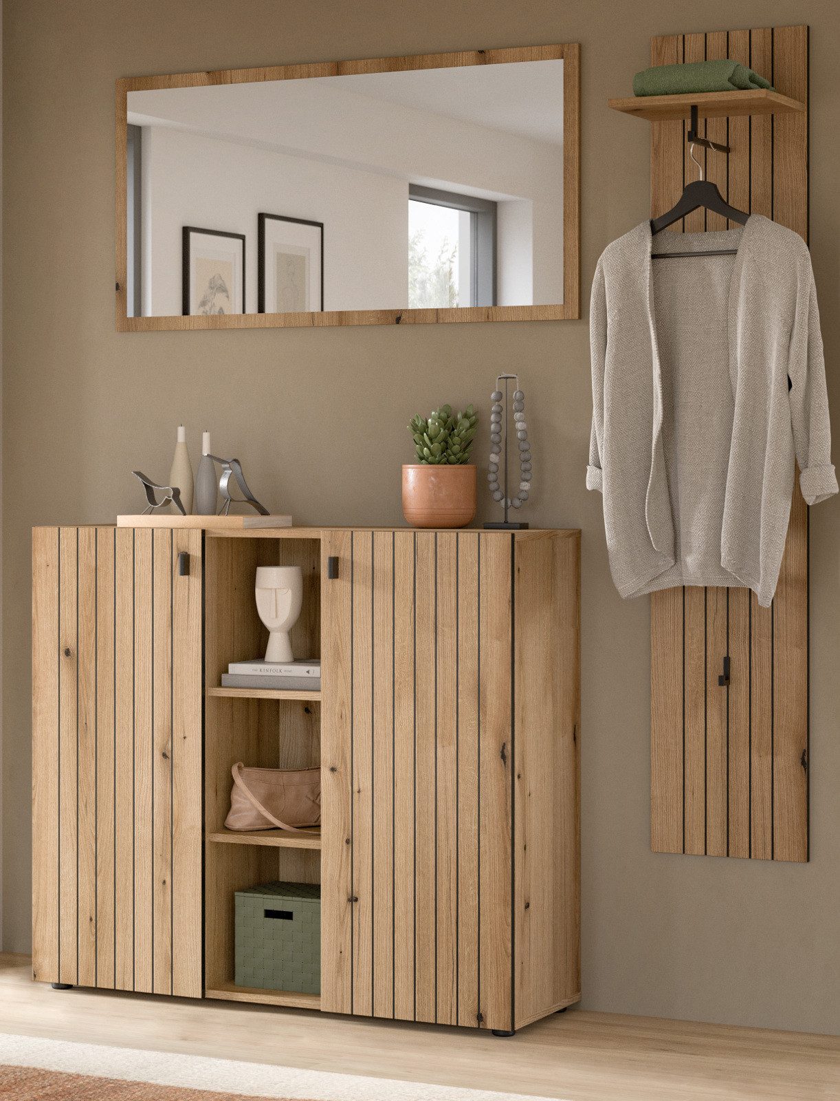 Inn.Furn Garderoben-Set Loreno, (3-teilige Flurgarderobe in Evoke Eiche mit Schwarz, 150 x 192 cm), kompakte Garderobe mit Rillenfräsung